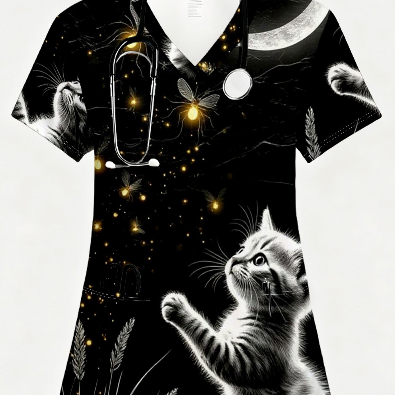TEMU Women's Short-sleeve V-neck T-shirt, Featuring A Modern Minimalist Style With A Of Cats And , Includes A Pocket, Machine Washable, Versatile For