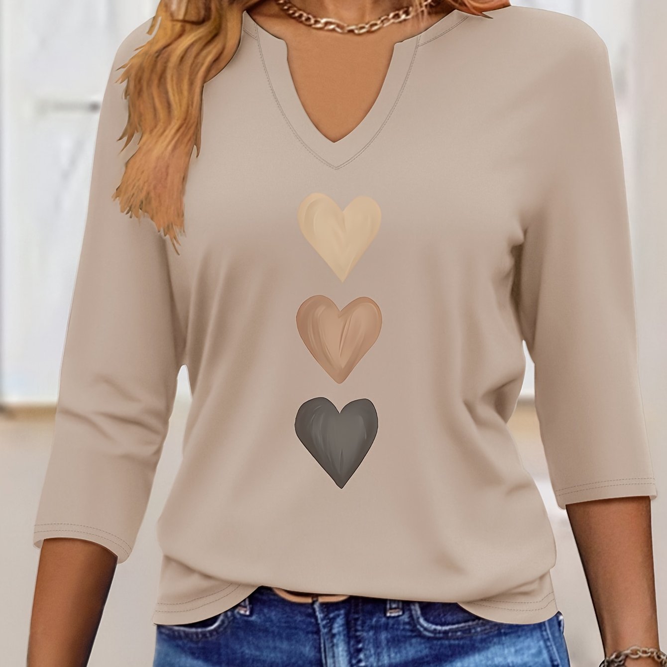 TEMU T-shirt à imprimé graphique, T-shirt à col en V et manches trois-, Haut élégant de couleur unie pour et l'été, Vêtement pour femme