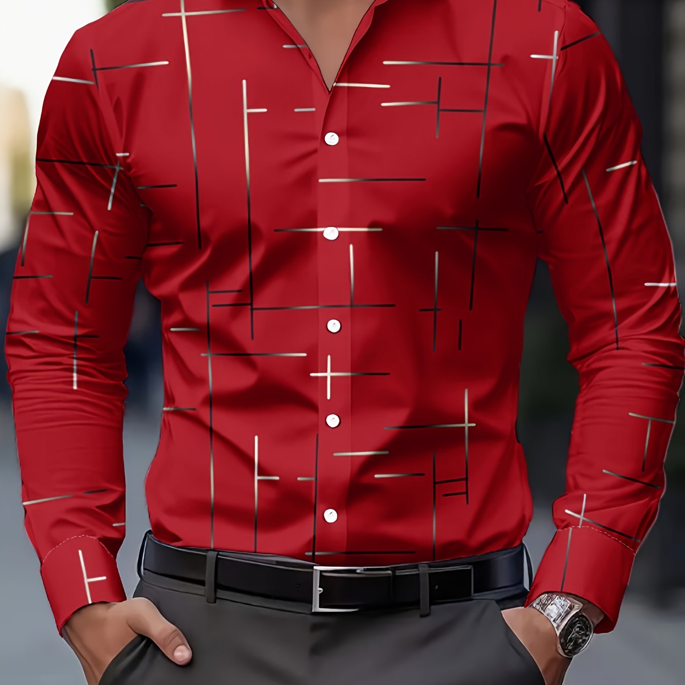 TEMU Chemise décontractée à manches longues et imprimé géométrique pour homme - Chemise respirante à col et boutons pour et , coupe régulière lavable