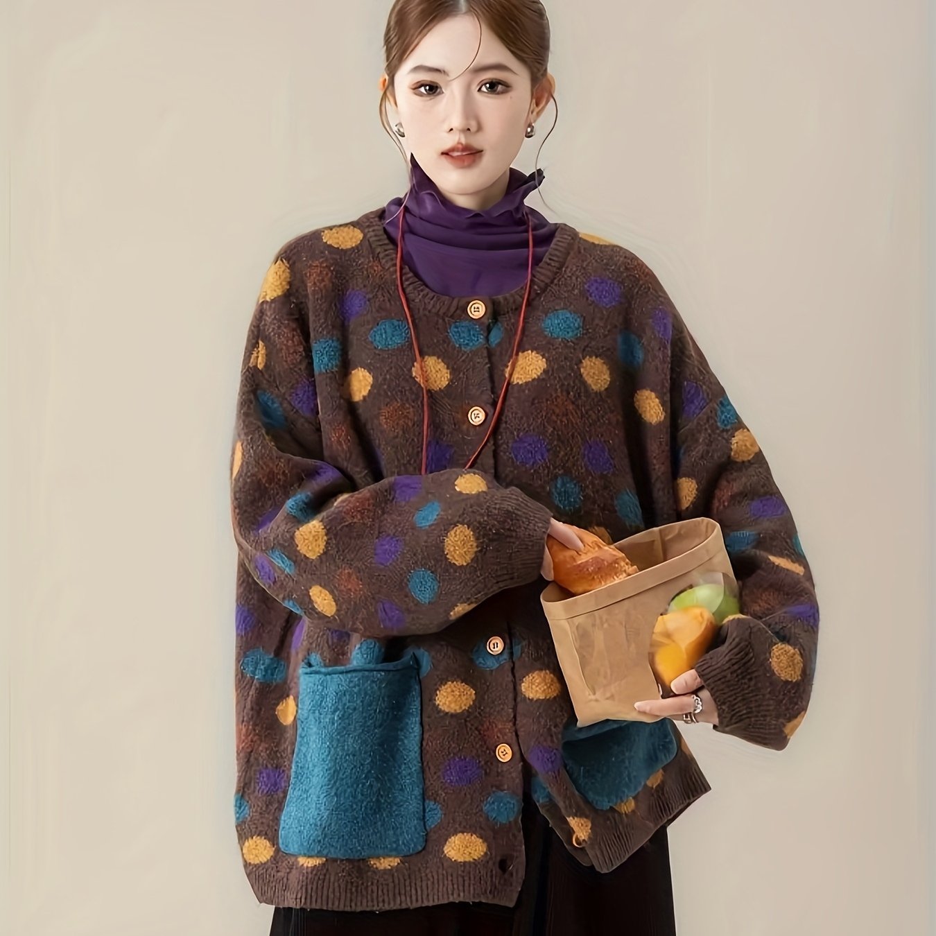 TEMU 【レディース】和風レトロセーター コート - ゆったりフィット 長袖カーディガン、ブラウンベージ/, 秋冬セーター ジャケット - 普段使い & ルな服装に