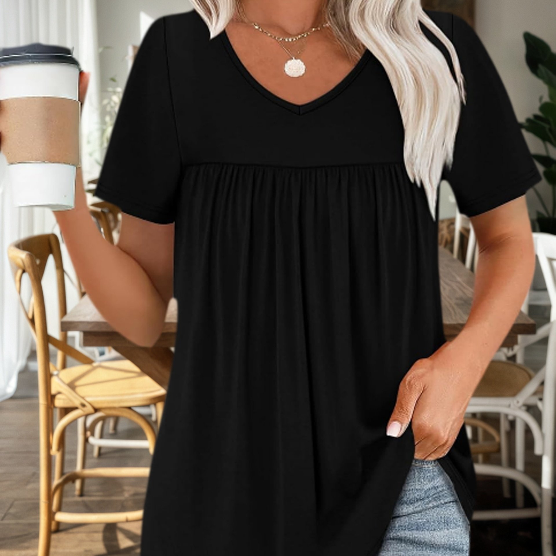 E-shop Plus Size, Plus-Size Mode V-Ausschnitt Casual Urlaubsstil Kurzarm T-Shirt in Uni-Farbe