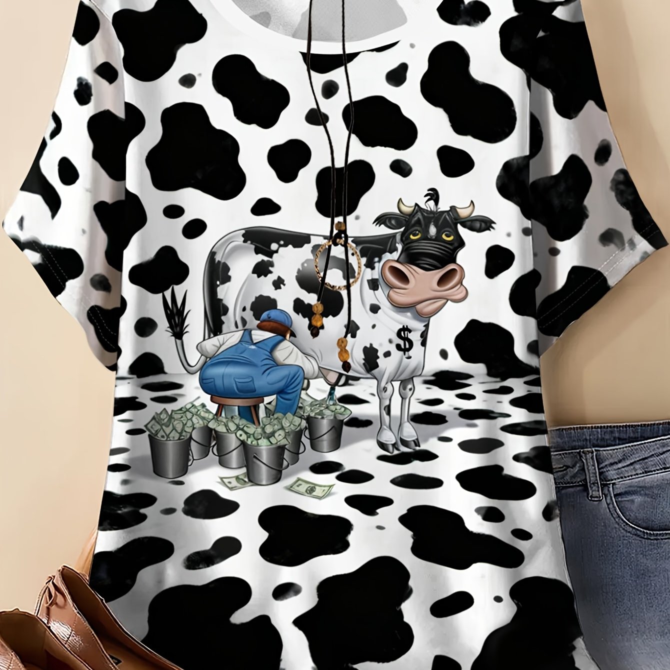 TEMU Plus Size - Plus Size - Women's Casual Short-sleeve T-shirt - A Of A Money-generating Cow - T-shirt, Stylish And Machine Washable