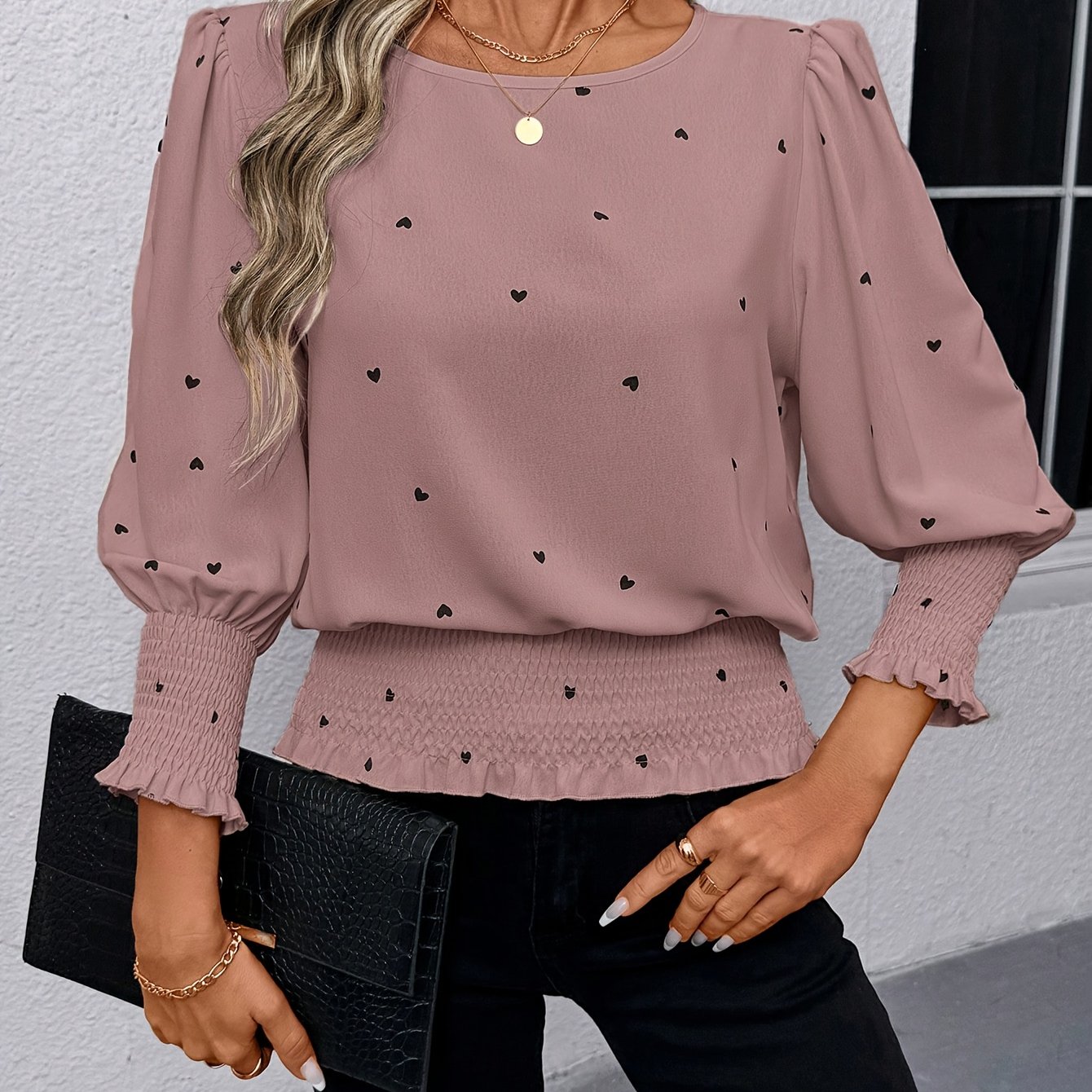 E-shop Vintage Herz- Pendler Style Rundhals Rüschen-Bubble-Ärmel Bluse für Damen