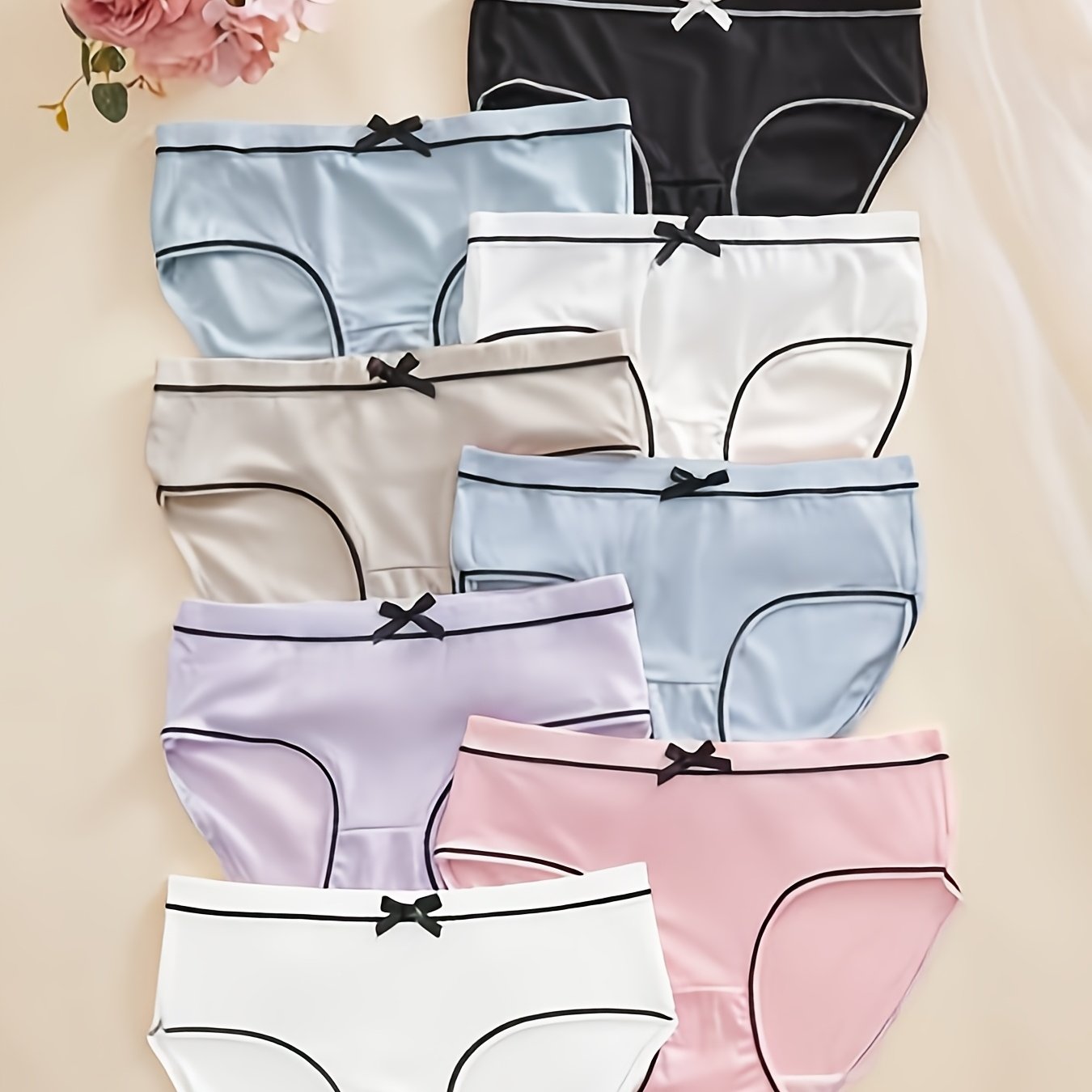 8pcs Girls Triangle Panties, Cute Bow Stripe Panties, Soft Comfortable Breathable Sports Panties For Student Teens Underwear, For Teenager, For Teenager