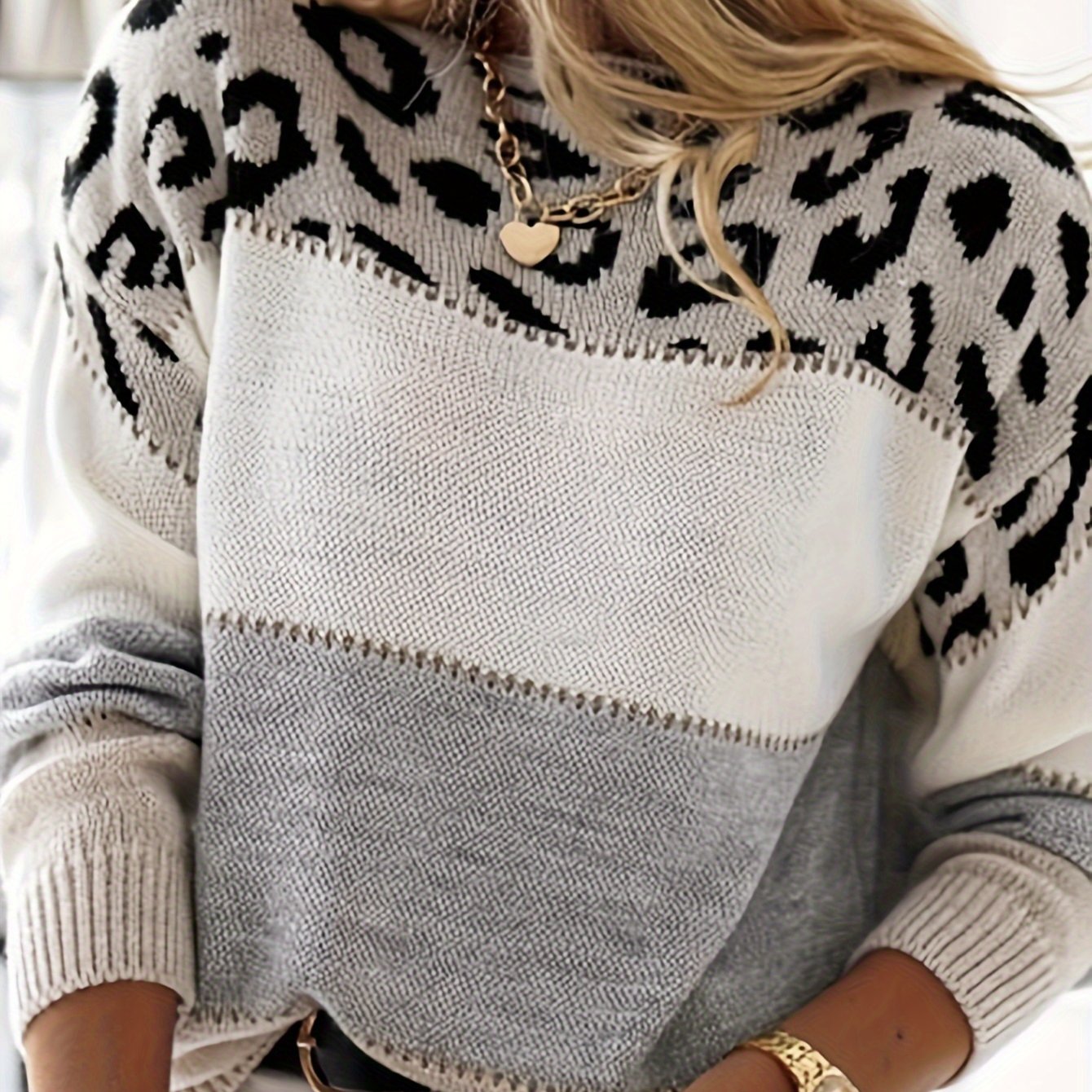 Leopard Print Round Neck Long Sleeve Loose Casual Warm Pullover Sweater