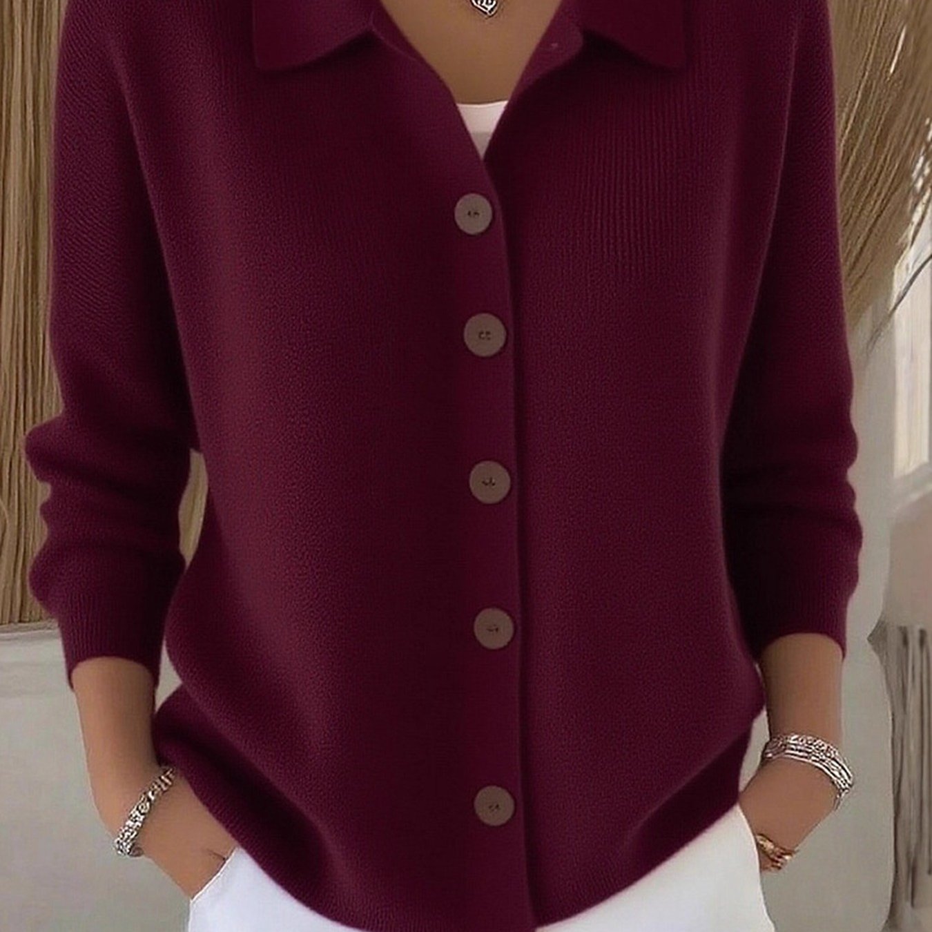 Women's Turn- Collar Full Button Front Long Sleeve Cardigan, Solid Loose Relaxed Fit Outer Top, Minimalist All-match Daily Layering Piece, Chic Basic Silhouette Outfit For Spring Autumn
