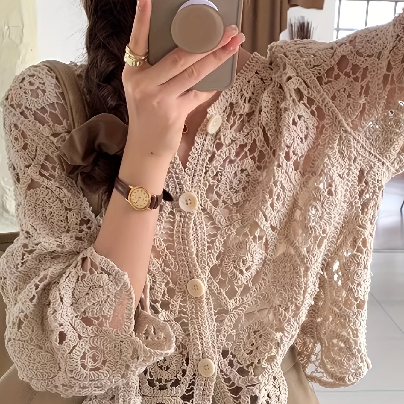 Image of Directional Front-button Hollow Cardigan, Casual Solid V-neck Cardigan, Lace Embroidered Cardigan, Suitable For Spring, Summer, Autumn, Women's Wear