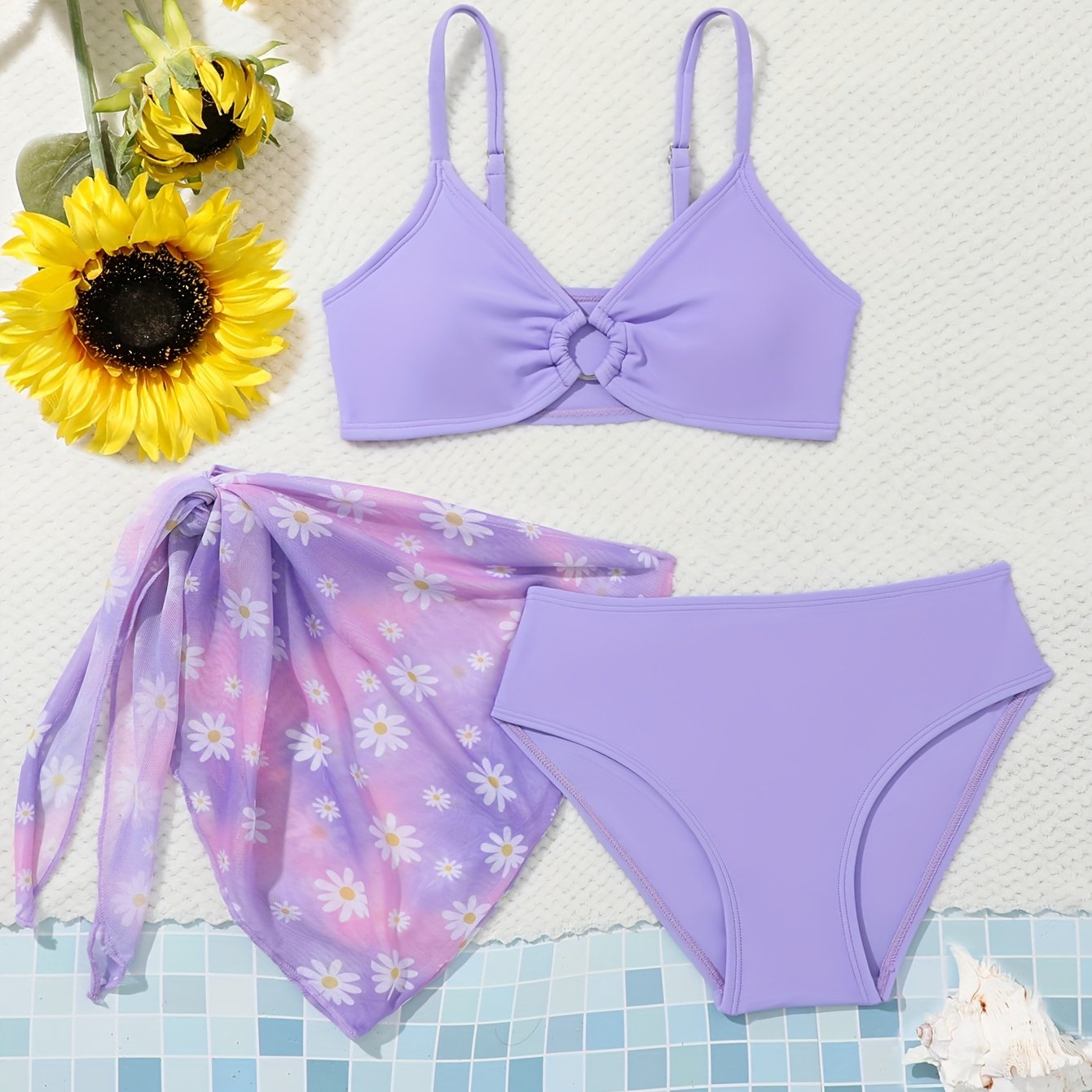 3-piece Fashion Floral Print Mesh Apron Girls' Bikini Set