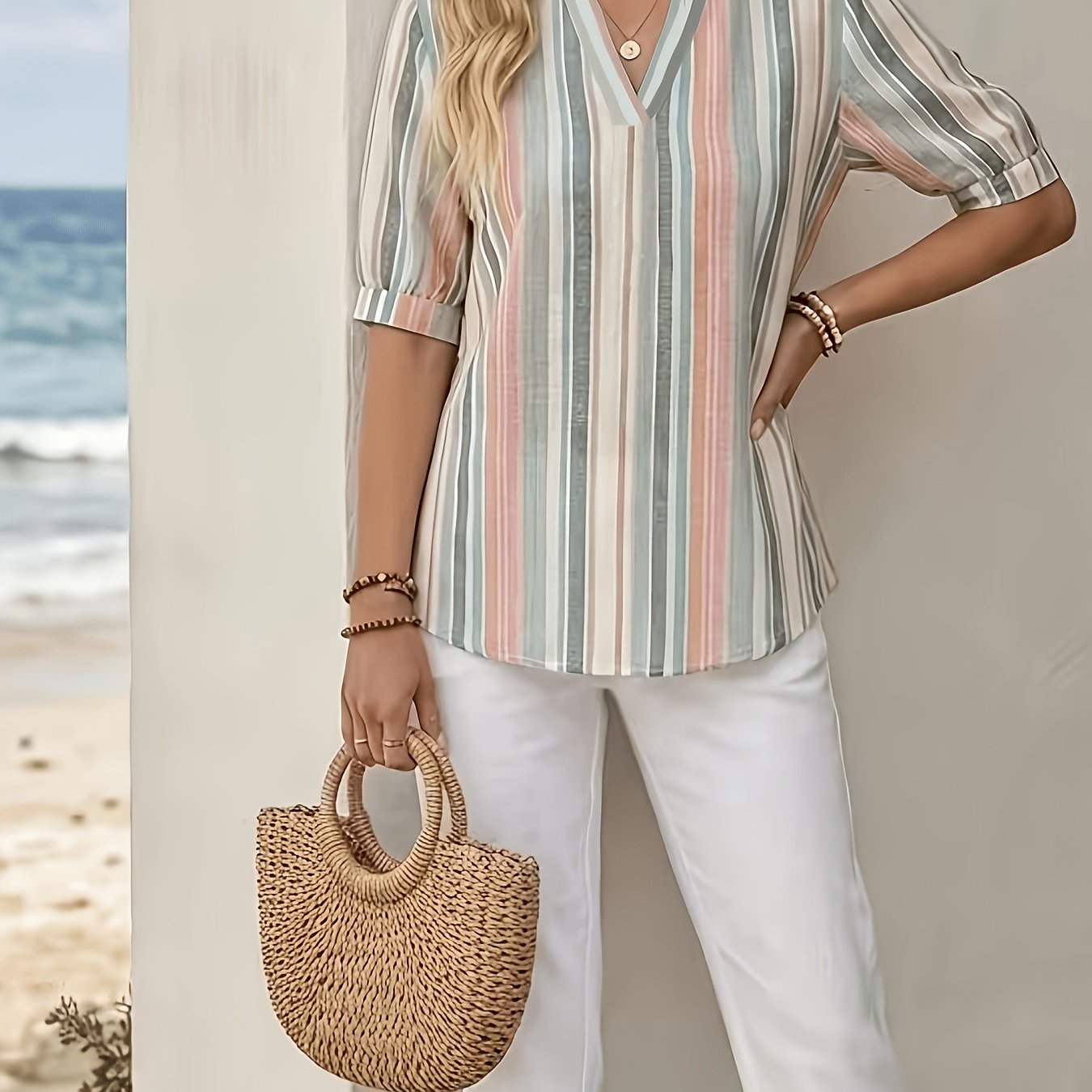 TEMU Women's Elegant Fashionable Printed Casual V-neck Striped Short-sleeve Shirt