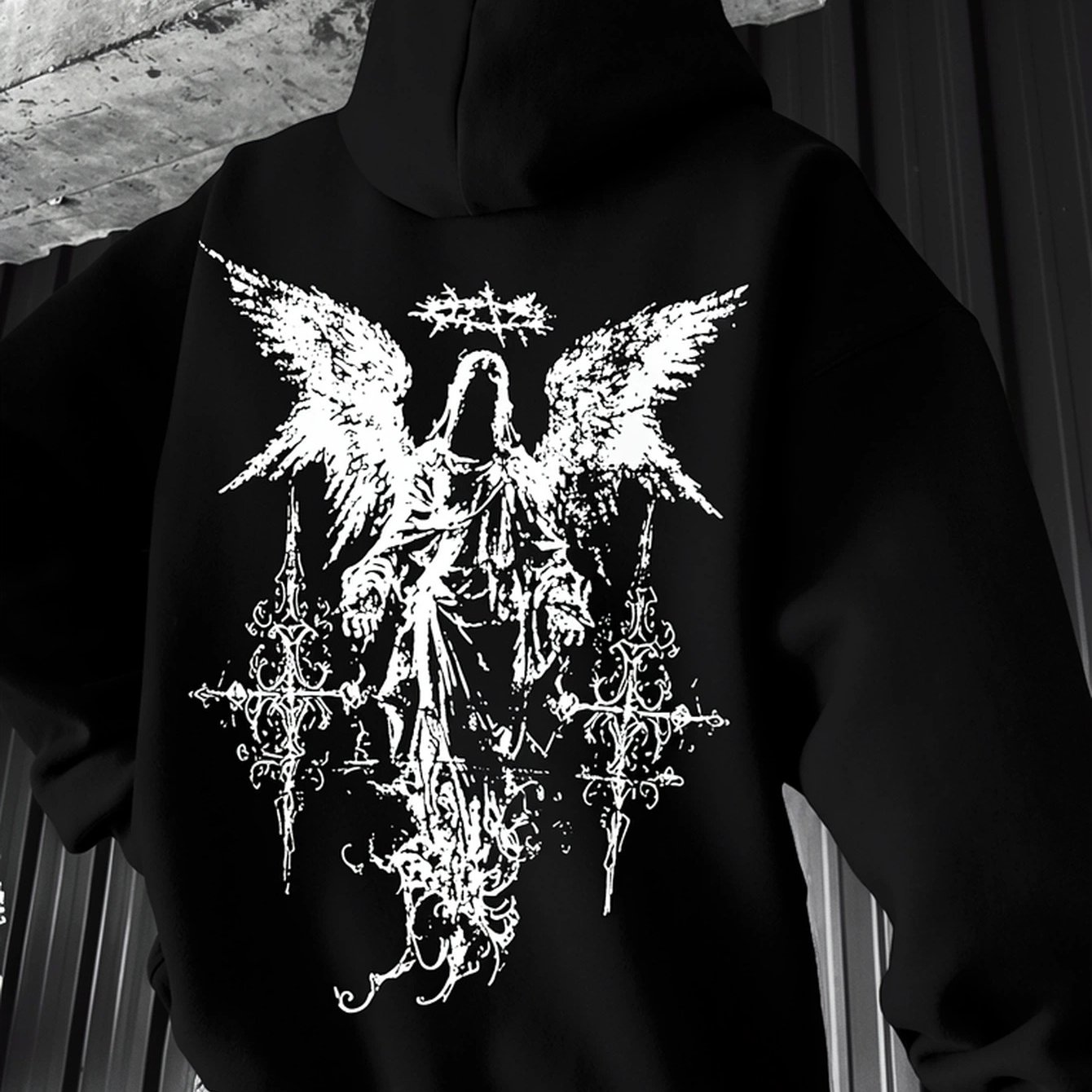 Image of Large Size Men's Gothic Punk Hooded With Barbed Wire Print Loose Fit Streetwear Pullover Long Sleeve Winter Edgy Washable Thorn Design - Unisex Graphic Pullover Hoodies, Plus Size, Fleece