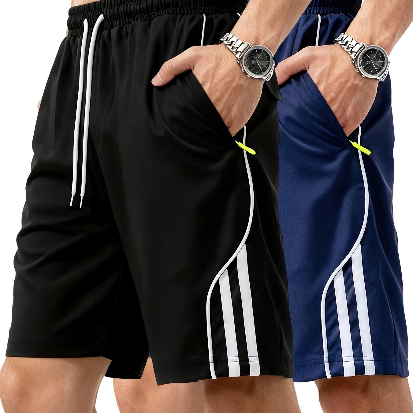 Image of 2-pack Men's Summer Casual Sports Shorts | Fashionable , Lightweight Breathable Quick-dry Fabric, Zippered Pockets, Adjustable Drawstring, Ideal For Daily And Outdoor Activities