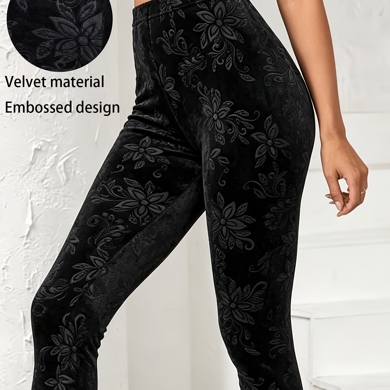 Image of Women's Autumn Winter Floral Jacquard Velvet Warm Fleece Yoga Athletic Leggings, High-stretch High-waist All-match Women's Athletic Long Pants