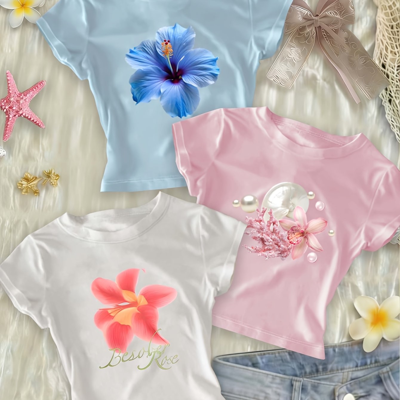 TEMU 3 New Women's Casual Tops: European And American Instagram-style Beach , Korean-style , Pearl, Seashell, And Floral Pattern Prints. Slim-fit