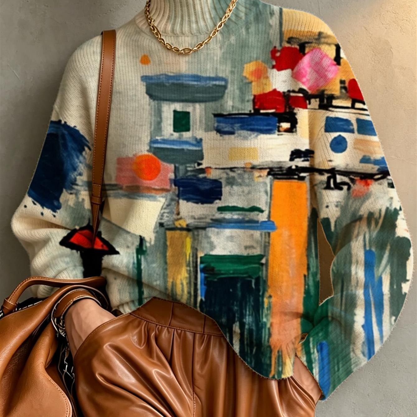 Image of Women's Printed High Neck Long Sleeve Heavyweight Sweater, Abstract Watercolor Cityscape With Vibrant Geometric Shapes And , Soft Casual Pullover For Fall And Winter
