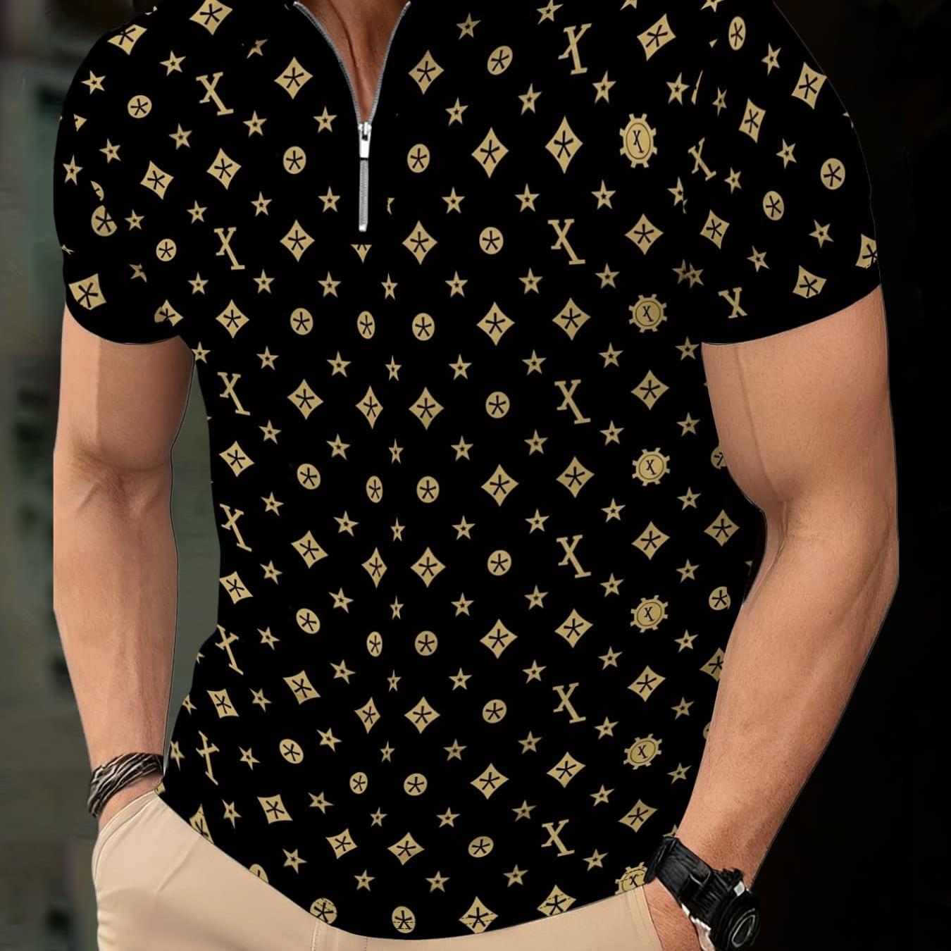 TEMU Men's Fashion Zip Shirt, Trendy Geometric Alphabet Print, Casual Business Commuting Versatile Top, Summer New Style Slim Fit Collar Short Sleeve