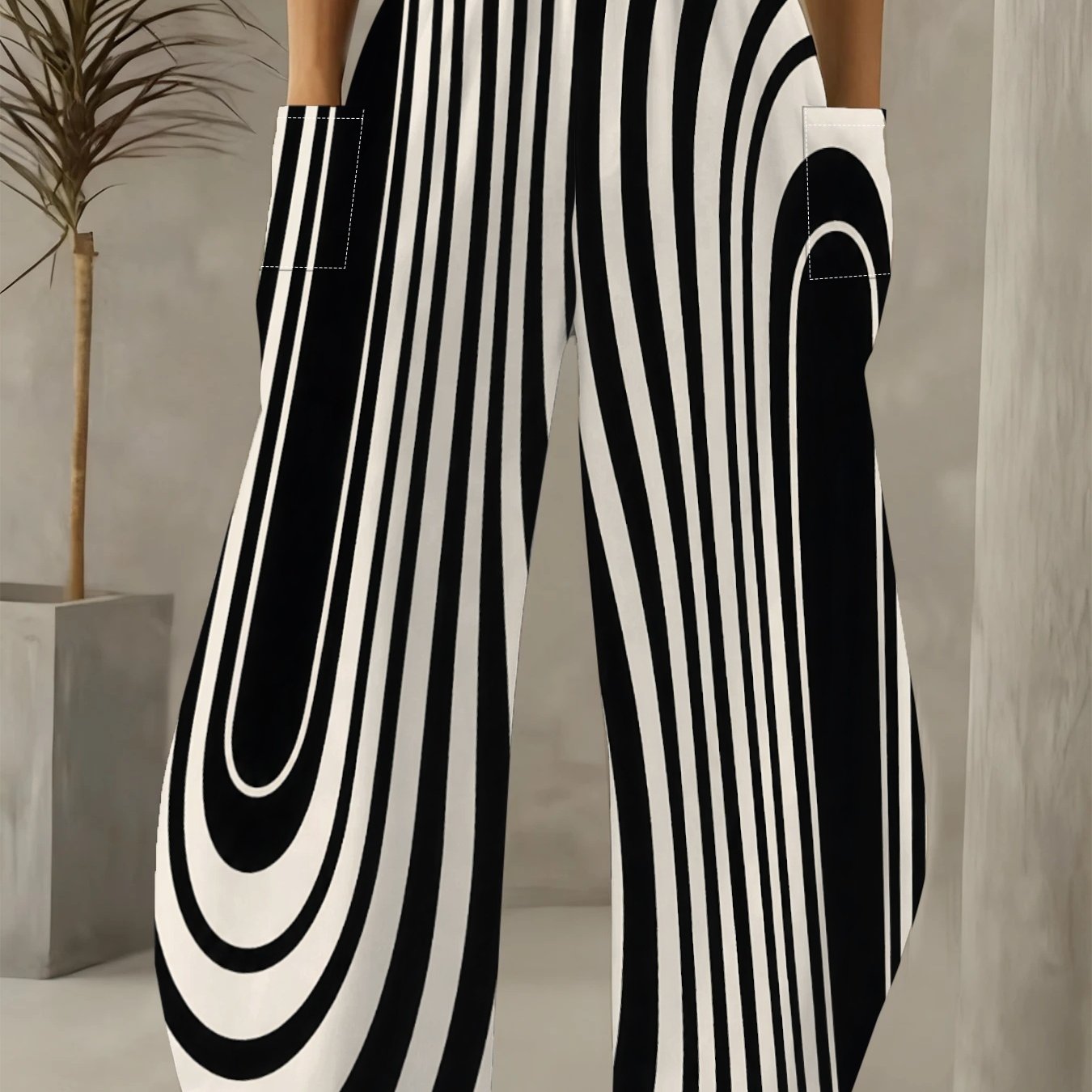 TEMU Black And White Pinstripe Elastic Waist Wide-leg Trousers, Curved Gradient Stripes With Visual Lengthening Effect, Dual Side Pockets Easy And