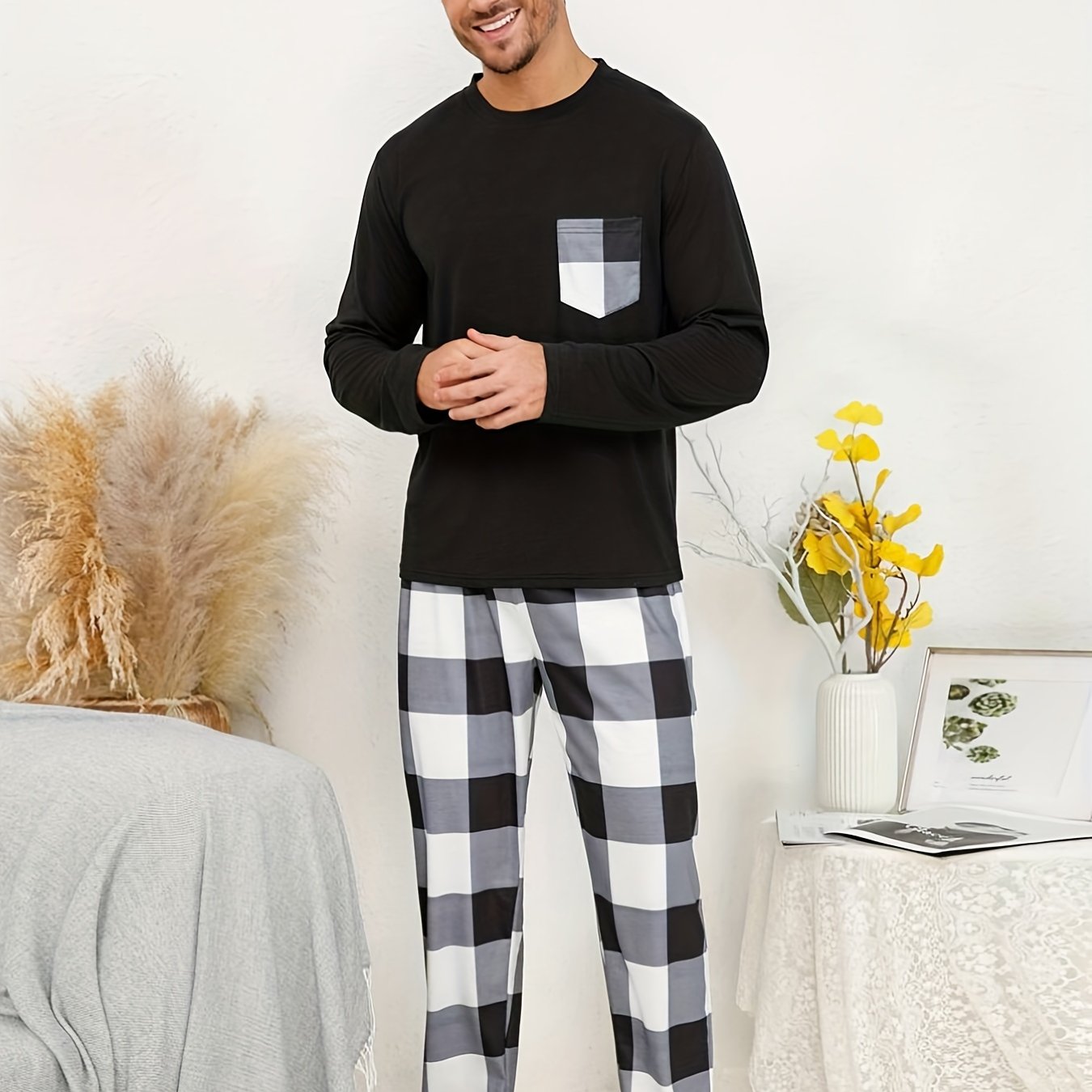 E-shop Herren Casual Schwarzes Langarmhemd mit Karohose Pullover Pyjama-Set, Weich Bequem, Trendig , Ideal zum Ausgehen oder als Hauskleidung