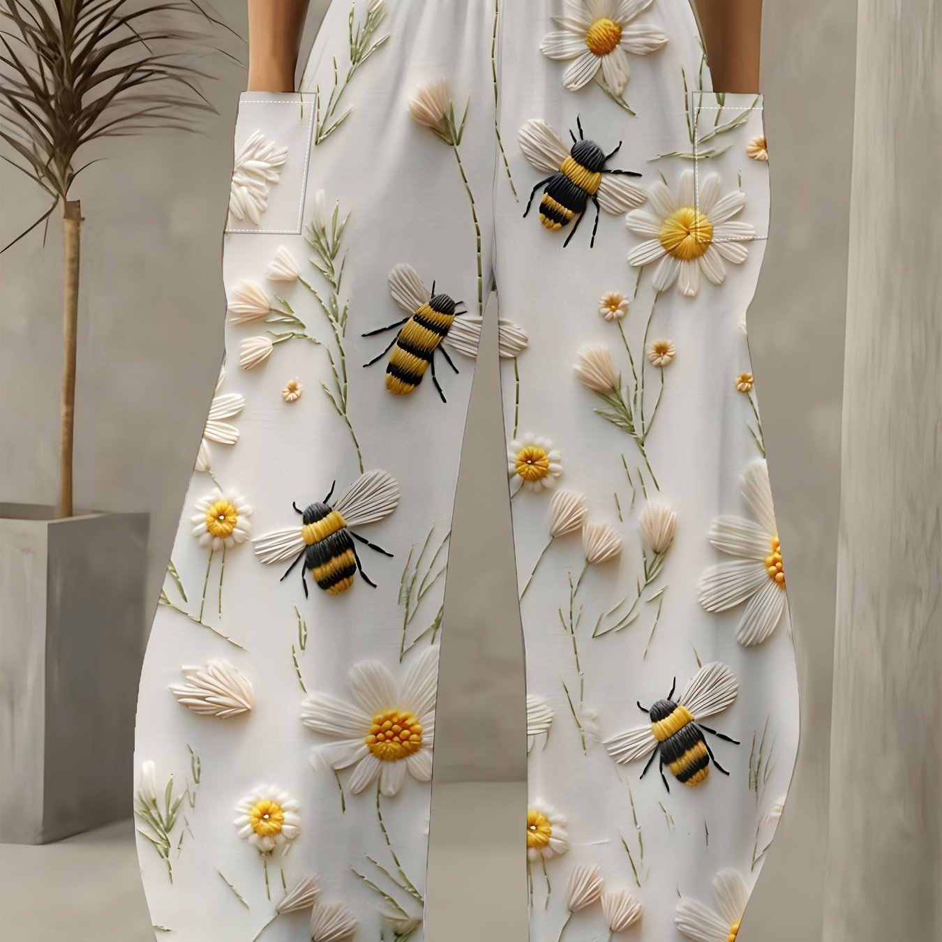 TEMU Women's Regular Size Fresh Bee And Daisy Draped Wide-leg Pants, Summer Breathable Lazy Style Casual Trousers