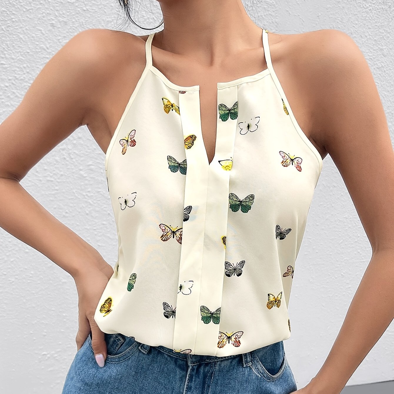 TEMU Elegant V-neck Print Camisole Top - 100% Polyester, Machine Washable, Summer Wear