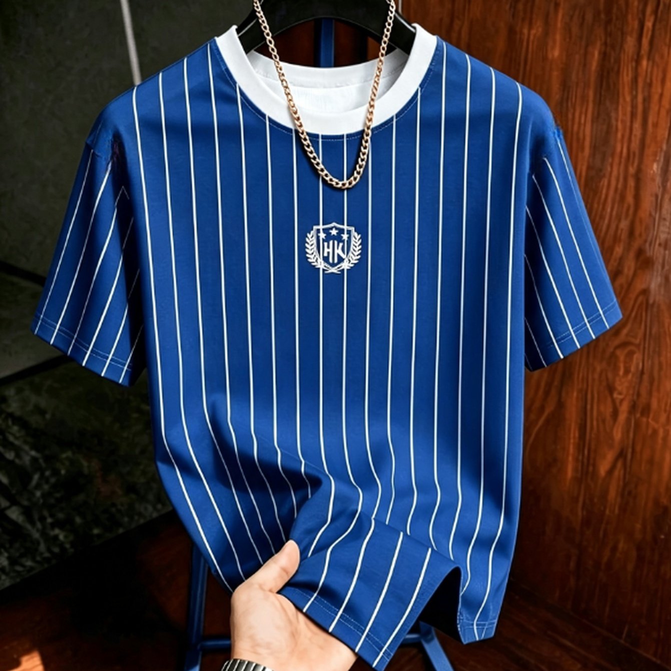 TEMU Summer Casual Striped Men's T-shirt, Contrast Shoulder Stripes Wheat Shield Print Breathable All-match Round Neck Short Sleeve Top, Comfortable