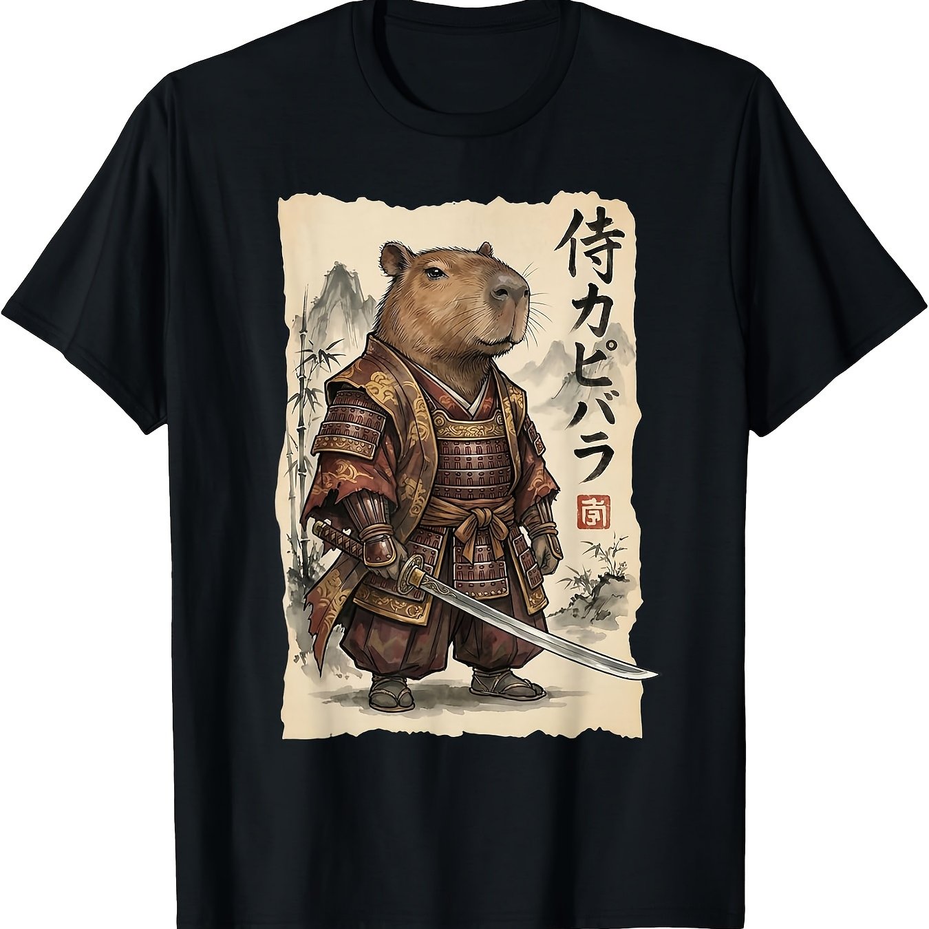 TEMU Capybara Japanese Art Retro Pattern | Funny Animal T-shirt 2026 Trendy Unisex Heart Pattern Street Top Soft Short-sleeve T-shirt, Suitable For