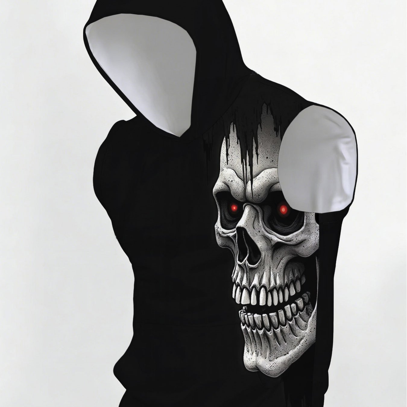 TEMU [print Design- No Textured Print] Men's Hoodie, Summer Sleeveless Sweatshirt, Casual Hooded Top For Men, Dark Skull Red Eyes Style, Loose Fit,