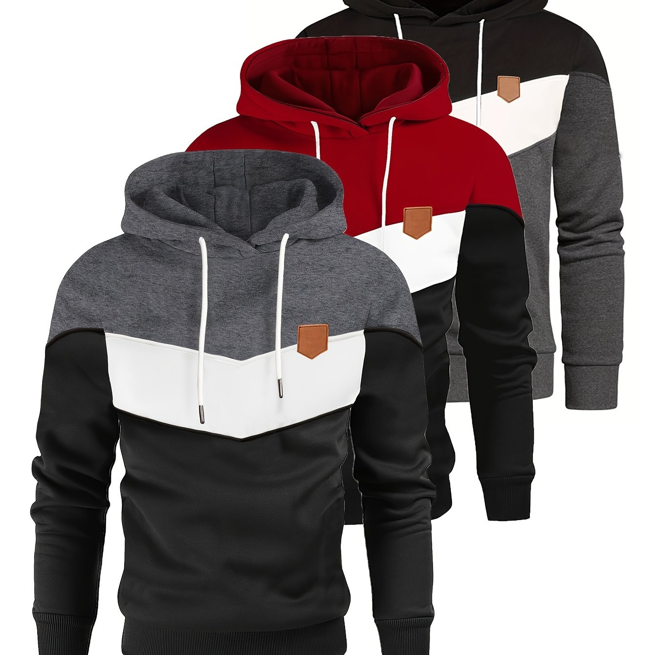 Image of 3pcs Men's Fashion Hoodies, Color Block Thickened Casual Hooded Sweatshirt For Fall/winter