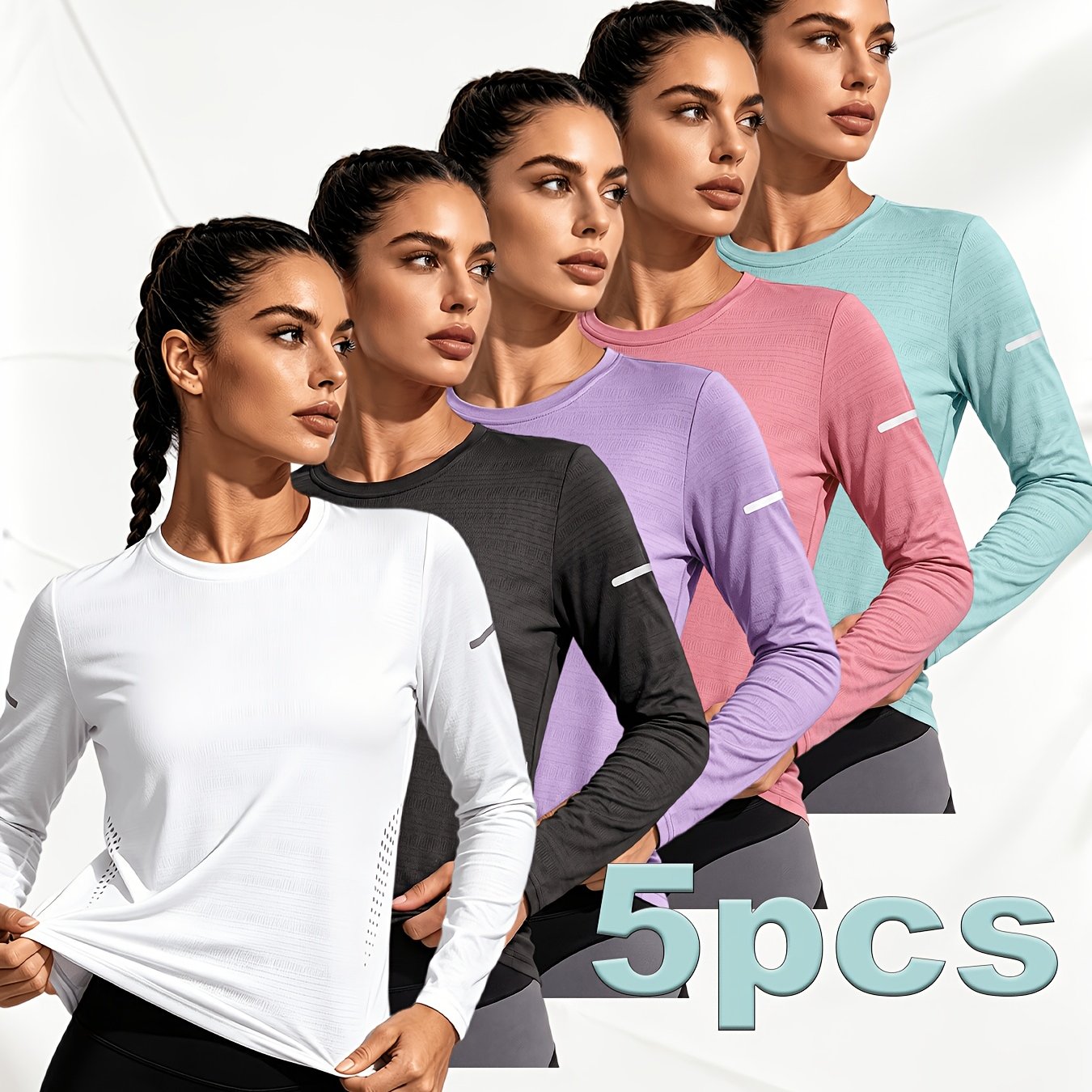 TEMU 5pcs Women's Soft Crew Neck Long Sleeve T-shirts, Comfortable For And Casual Apparel, Suitable For Sports And Fitness, Daily Commuting