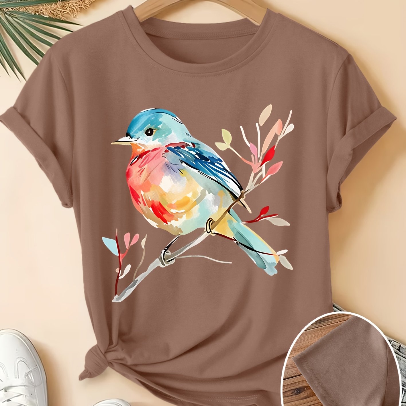 TEMU Women's Plus Size Summer Top, Watercolor Bird Print Round Neck Short Sleeve T-shirt, Style Fashion Commute Vacation Daily Versatile Athletic