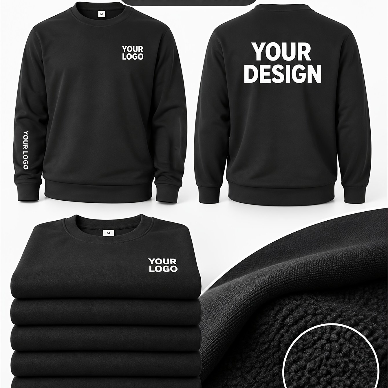 TEMU Holiday Group Customization | 5pcs Set | Men's | Black -lined | Crewneck Sweatshirt | Customizable Logo Or Graphic On Chest, , And Back | Simple