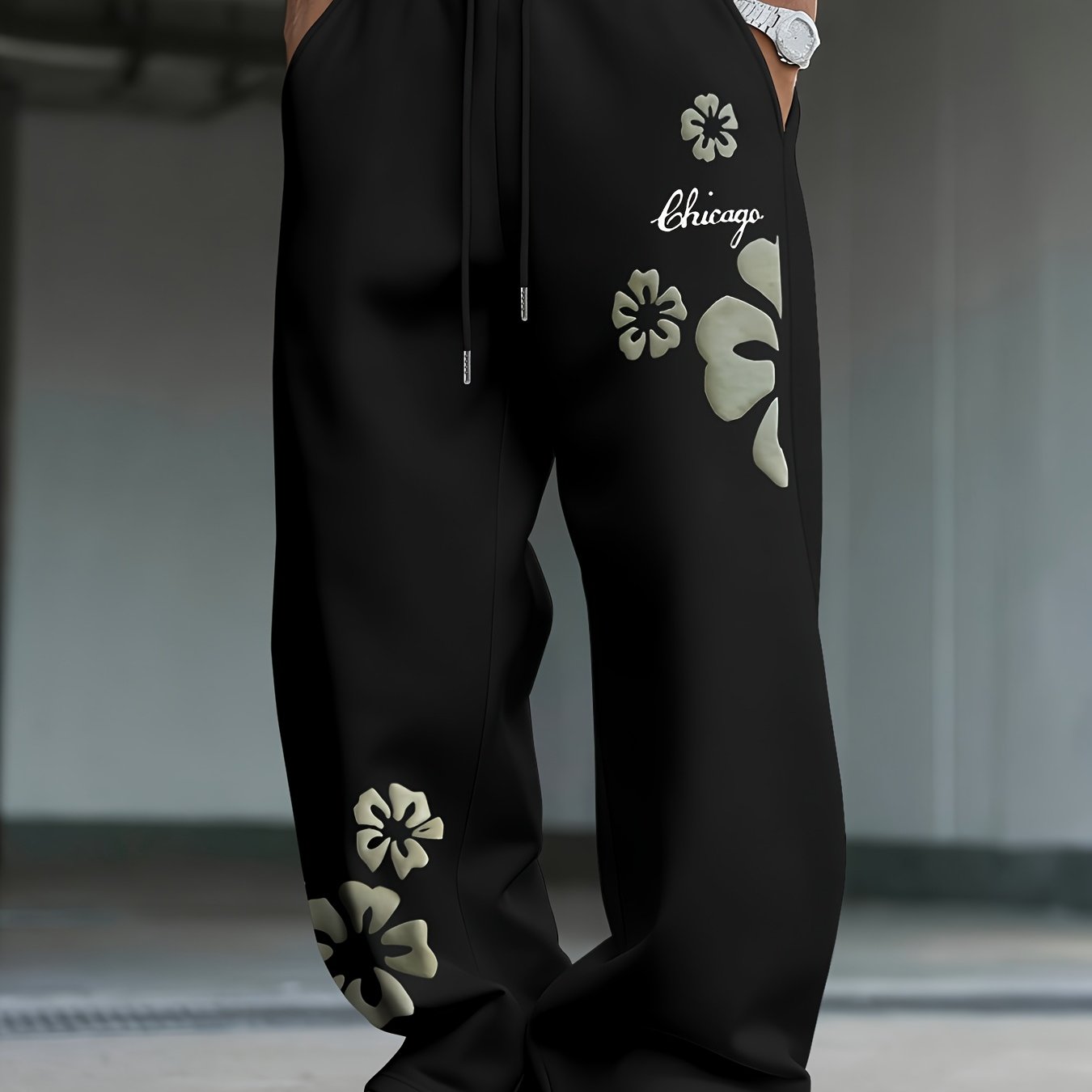 TEMU Pantalon de jogging décontracté noir style gothique pour hommes, pantalon long droit à cordon de serrage à la taille, pantalon de jogging