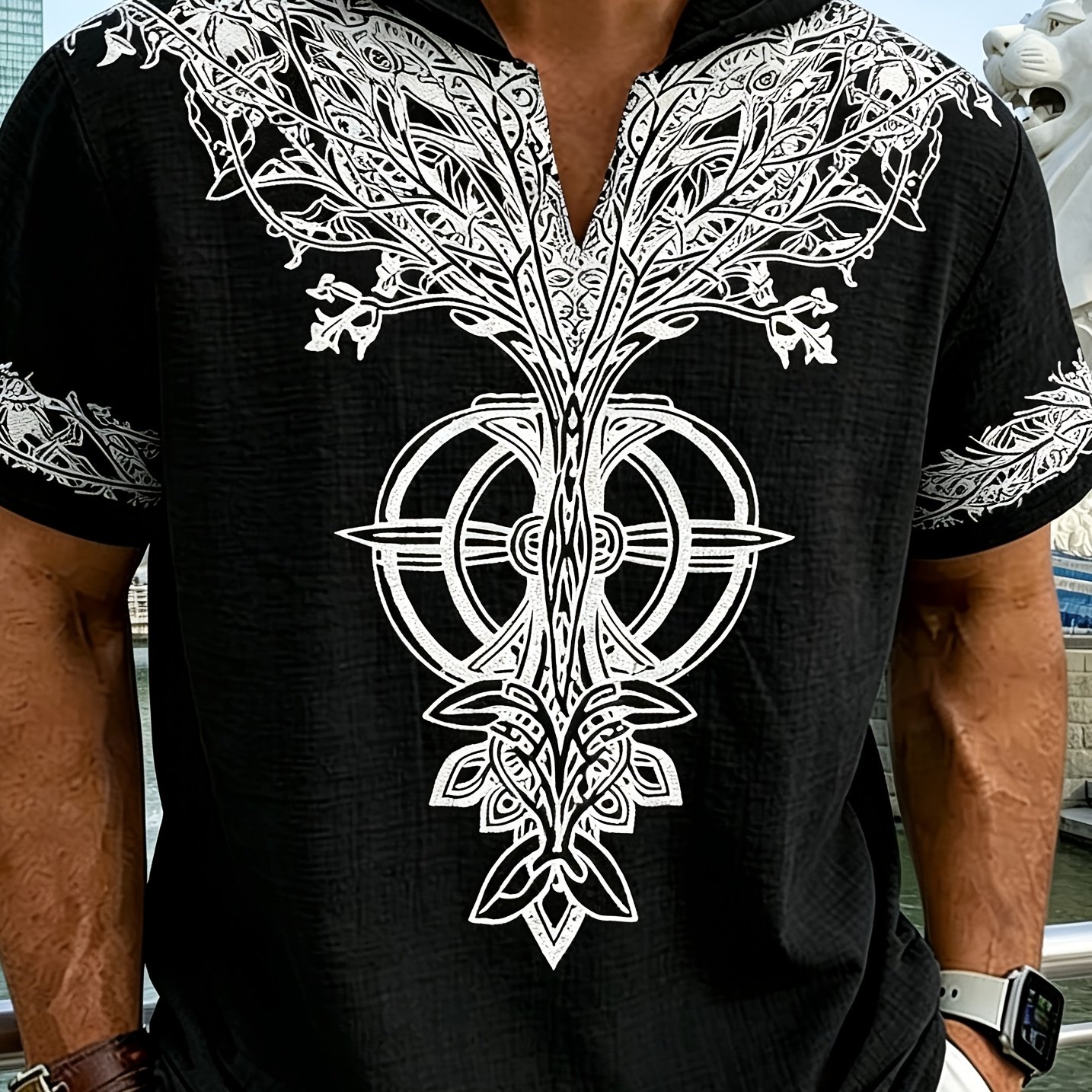 TEMU New Summer 2026 Men's Hooded Short-sleeve T-shirt With Unique , Loose And Comfortable Fabric, European And Style Casual Top, Versatile,