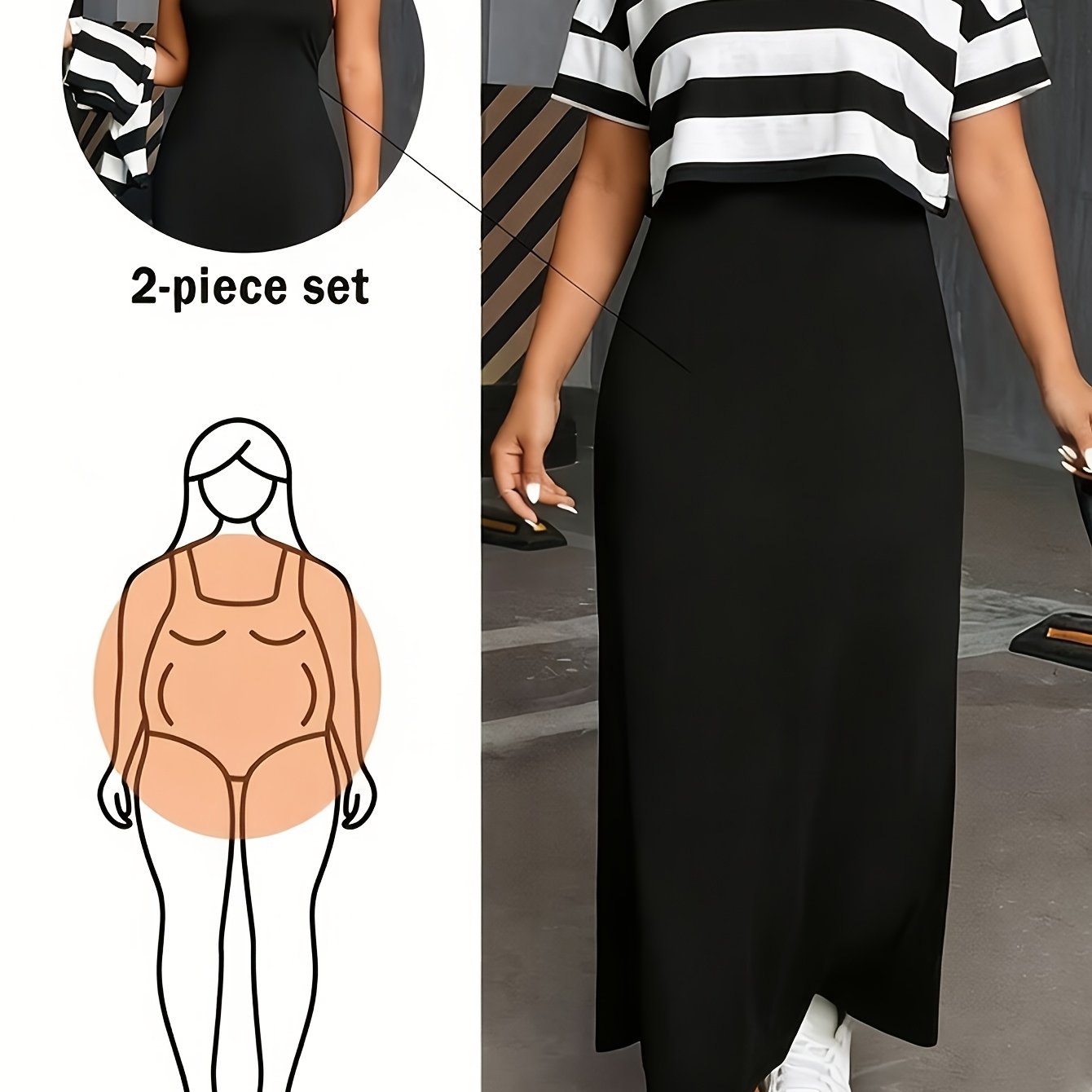 E-shop Plus Size - Plus Size - Plus Size Damenmode Lässig Vielseitig Pendeln Gestreiftes Muster Bedrucktes Oberteil und Kleid Set - J1493
