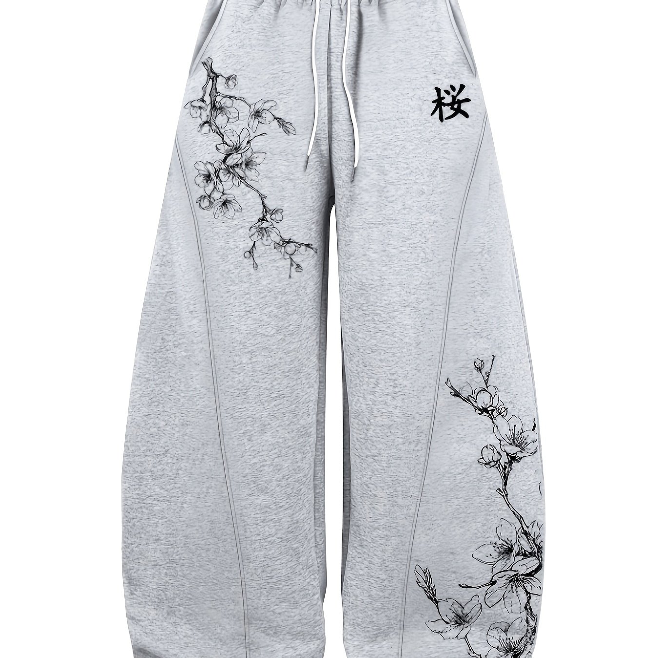 TEMU Men's Casual Long Pants, Cherry Print, Loose Fit, Design, Fleece-lined Fabric, Drawstring Joggers, Suitable For Outdoor Wear