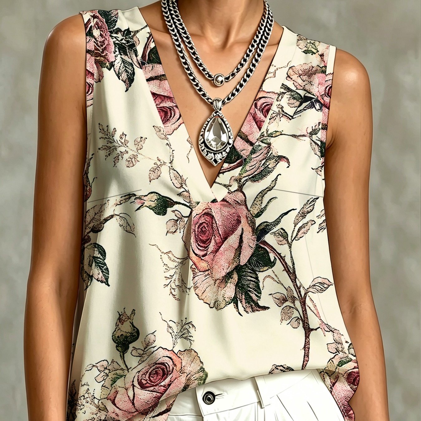 TEMU Print V-neck Sleeveless Top, Elegant Romantic Vest, Skin-friendly And Breathable, Temperament , Additions Not Included