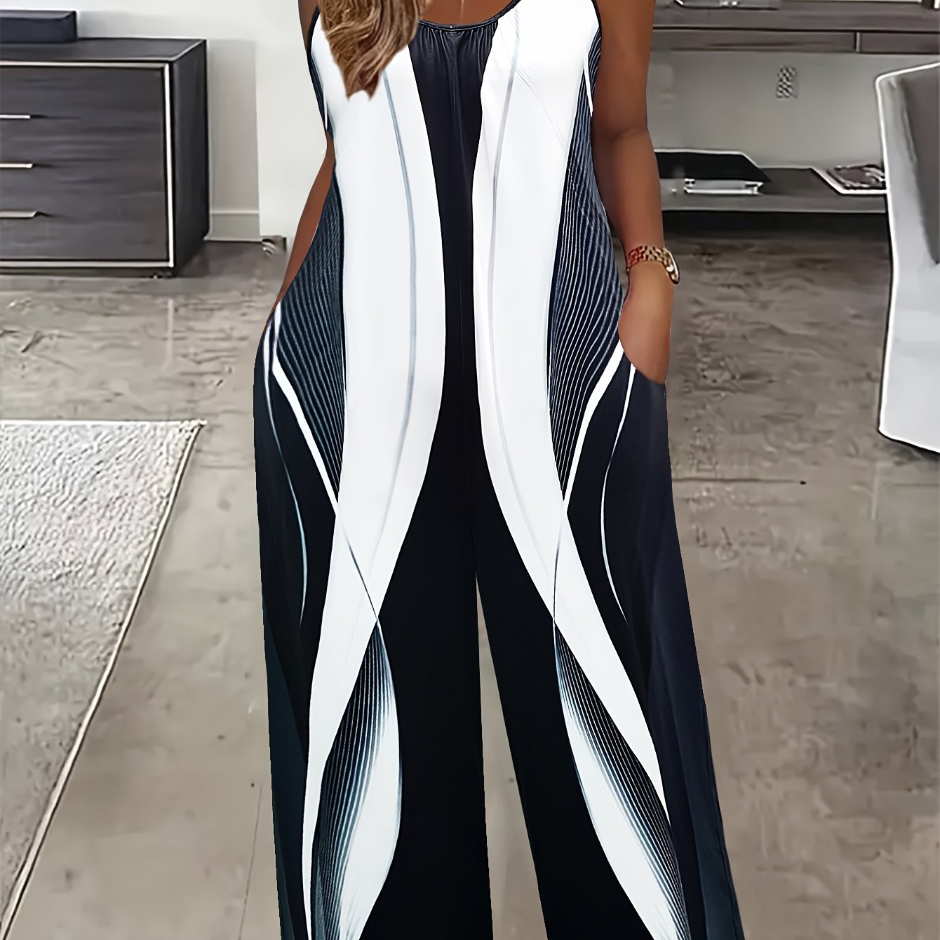 Image of Plus Size - Plus Size - Women's -block Printed Jumpsuit, Round Neck Ruched Pocket Jumpsuit, Sleeveless Camisole Jumpsuit, Wide-leg Jumpsuit, Plus Size Jumpsuit, Women's Clothing