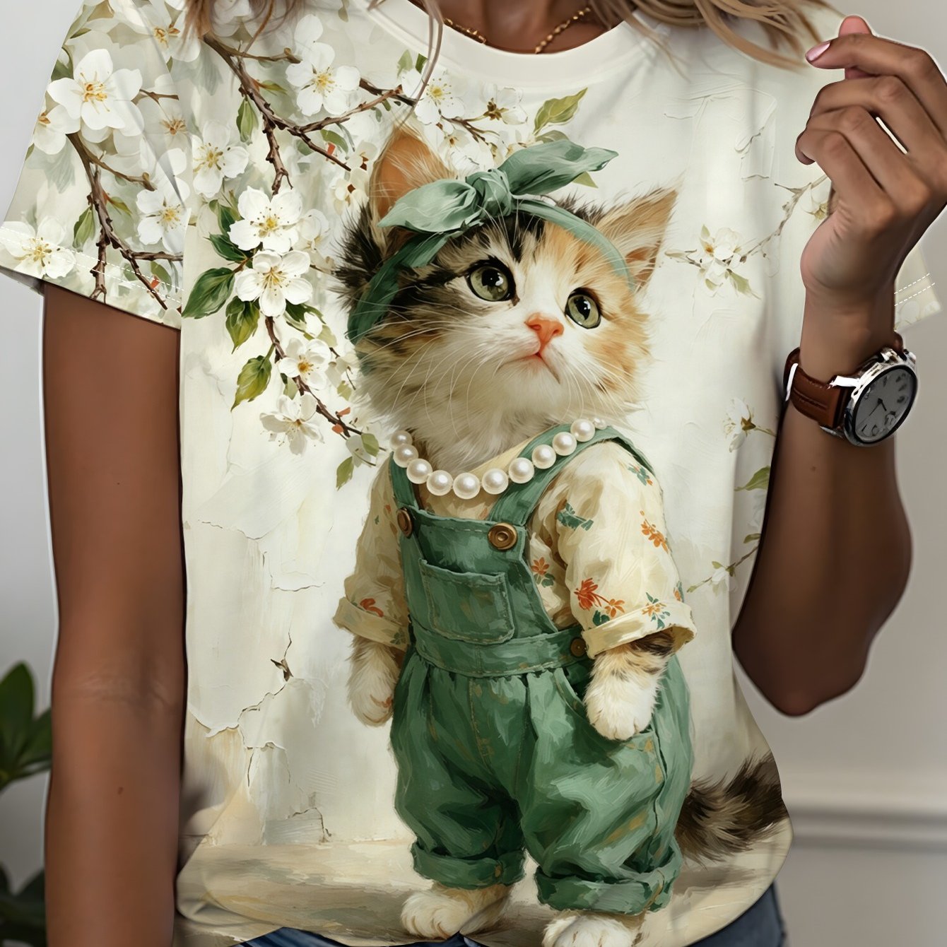 TEMU [printed Design - Not Textured] Women's Round Neck Short Sleeve T-shirt With Cat Wearing Necklace And Floral Print, Stylish And Simple For Daily