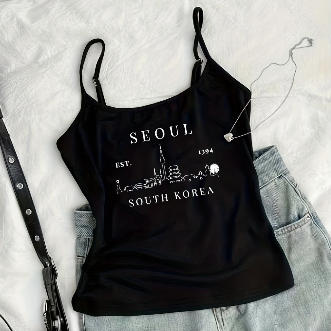 TEMU Y2k , A Sexy Adjustable Spaghetti Strap Crop Top With Korean Prints, Perfect For Casual Streetwear Or Party Outfits For Women This Summer