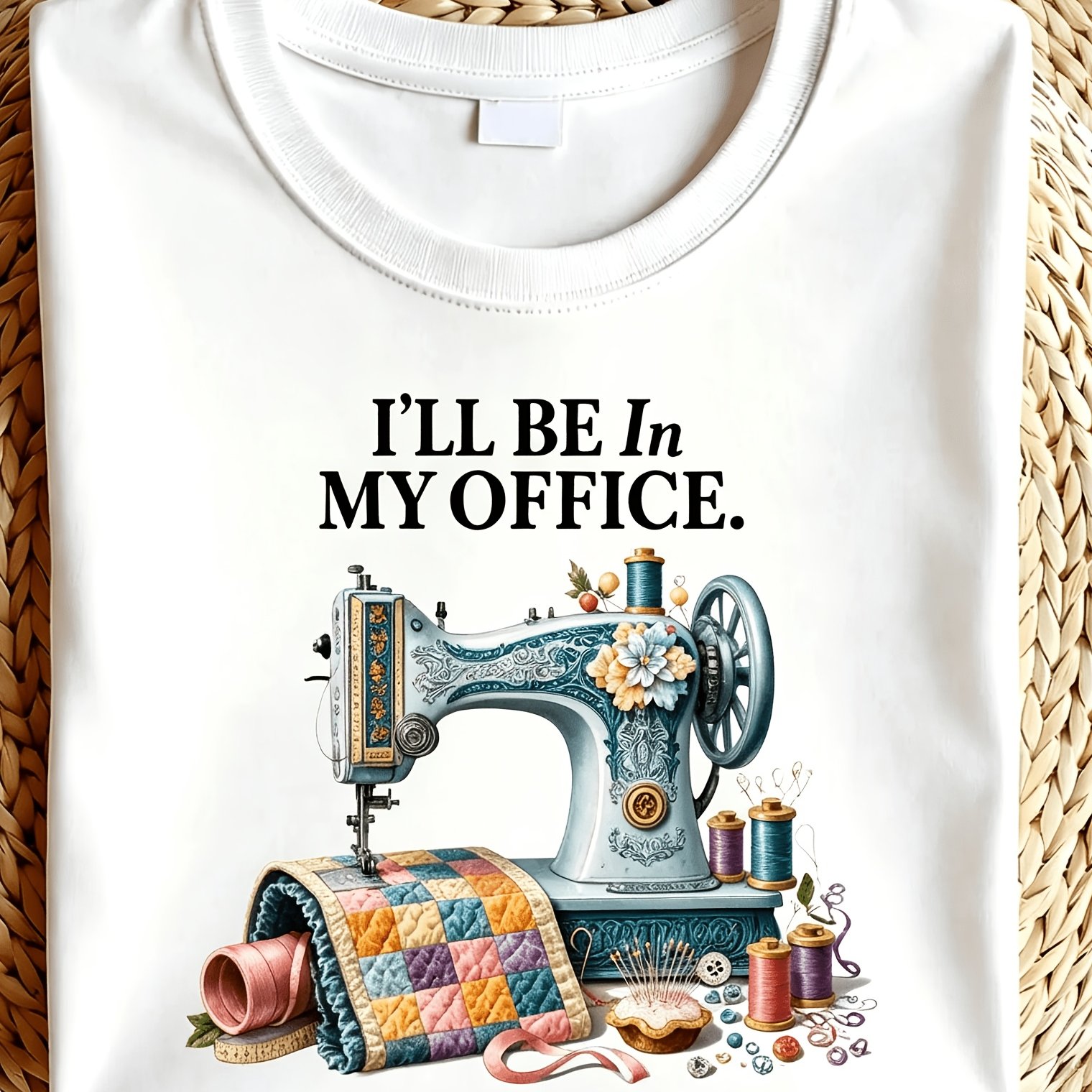 Women's Crew Neck Short Sleeve T Shirt Sewing Machine Graphic Tee For Daily Wear