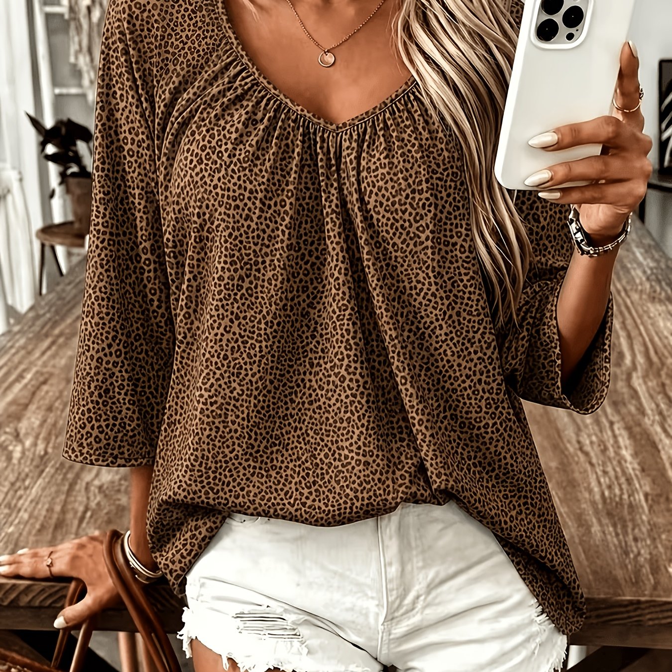 TEMU Plus Size, Plus Size Women' Brown Leopard -quarter Sleeve V-neck Ruched Blouse, Loose Fit Casual Daily Versatile Top