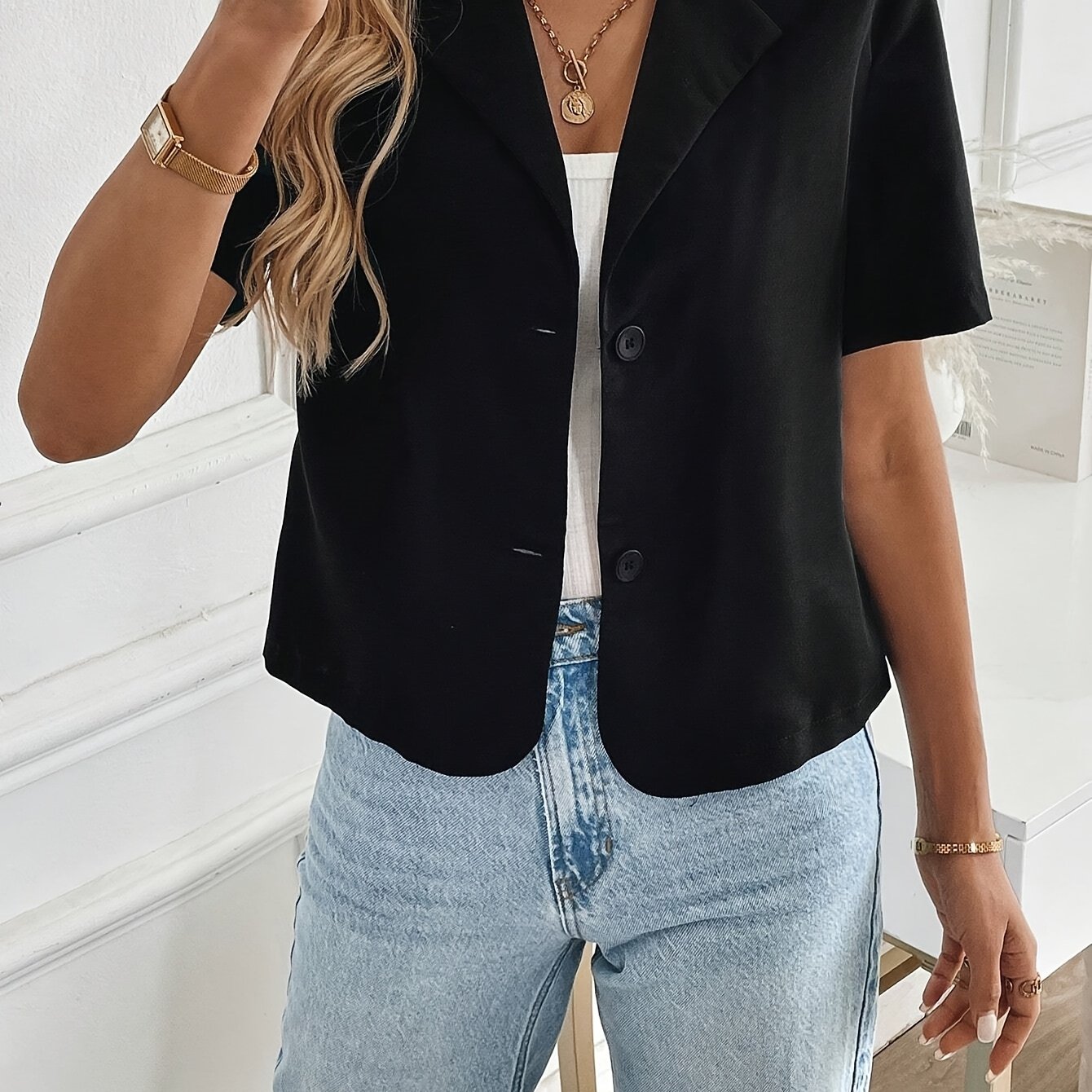 E-shop Damens Eleganter Regular-Fit-Blazer mit Kurzarm und Einreihiger Knopfleiste inklusive Gürtel, Einfarbige Business-Casual-Jacke für das Büro,