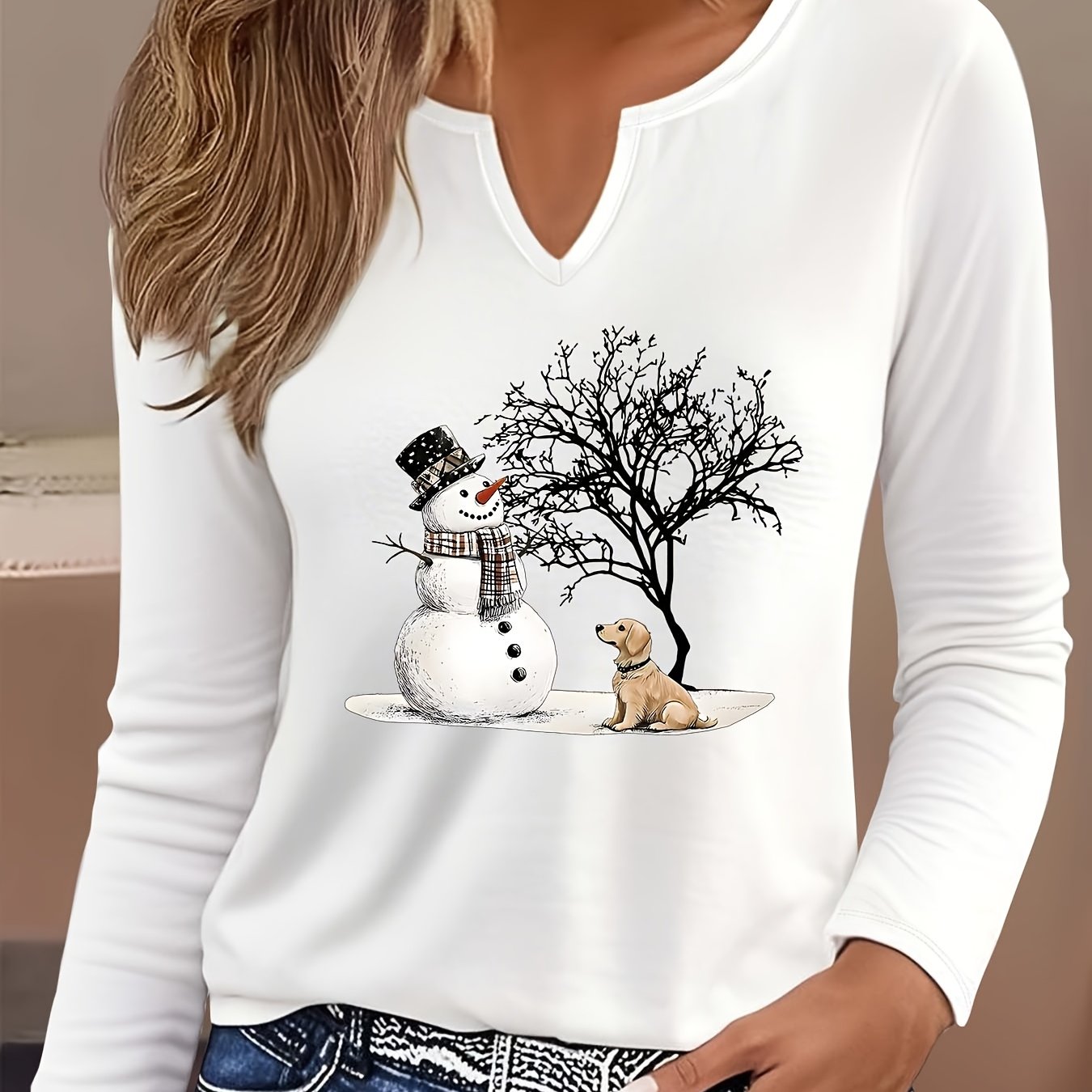 TEMU Plus Size - Plus Size - Plus Size -neck Long Sleeve Christmas Merry Christmas - Snowman And Dog Women's Lightweight V-neck Long Sleeve T-shirt |