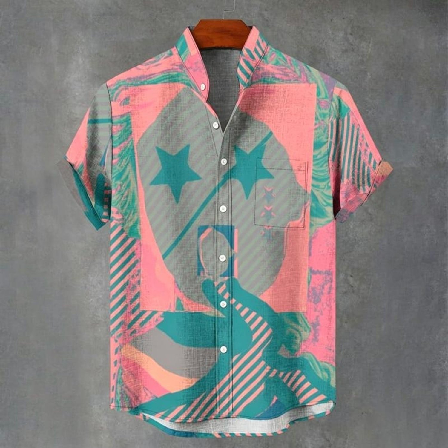 Image of Men's Short-sleeve Dress Shirt, Button- Front With Chest Pocket, Colorful Abstract Pattern (pink, Teal, Gray) Polyester Shirt, Fashion Style, Vibrant , Mixed Color, Multiple Specs, Daily Wear