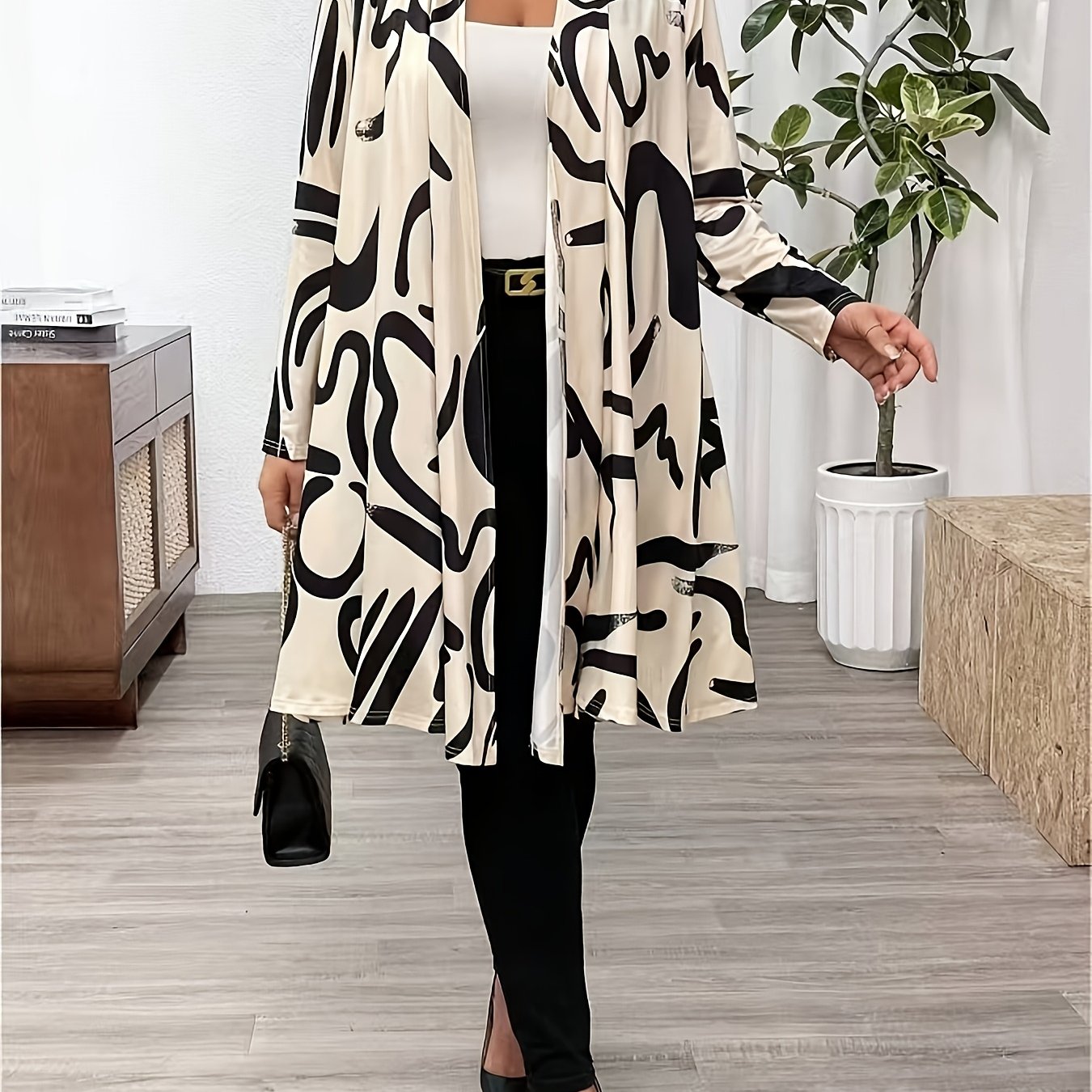 Plus Size, Women's Elegant And Stylish Plus Size Cardigan Long Outerwear, Casual Commuter Long Jacket With Irregular Pattern , Loose, Elegant, And Chic Top