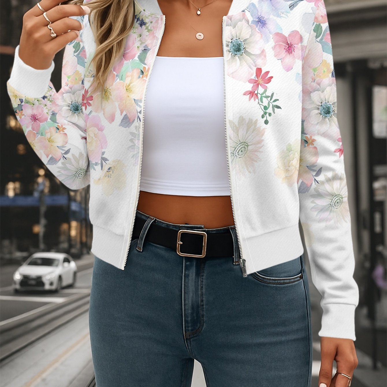 E-shop YS0701061 Elegante Baseballkragen-Jacke mit Blumenmuster offenem Reißverschluss