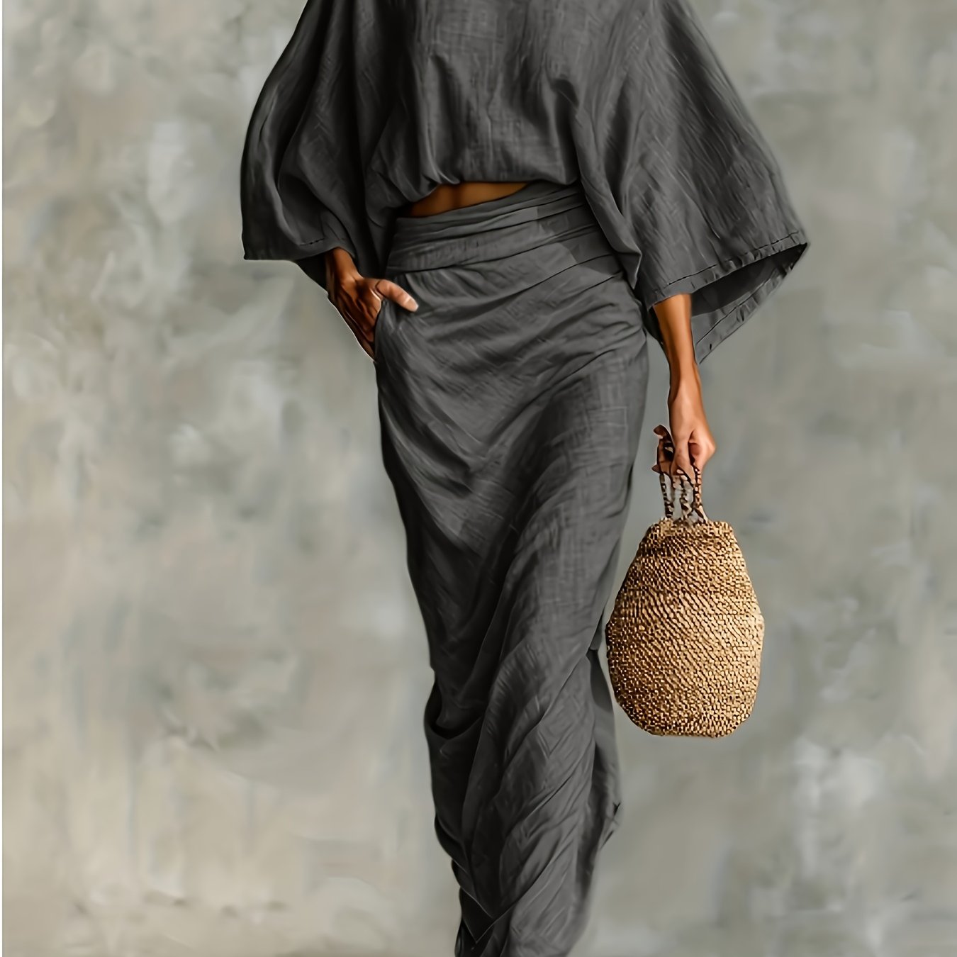 E-shop Neue grenzüberschreitende Damenmode, elegante Damen-Top mit Fledermausärmeln, sexy Nabel, nackter kurzer Rock, vielseitiger Rückenschnitt, hoher