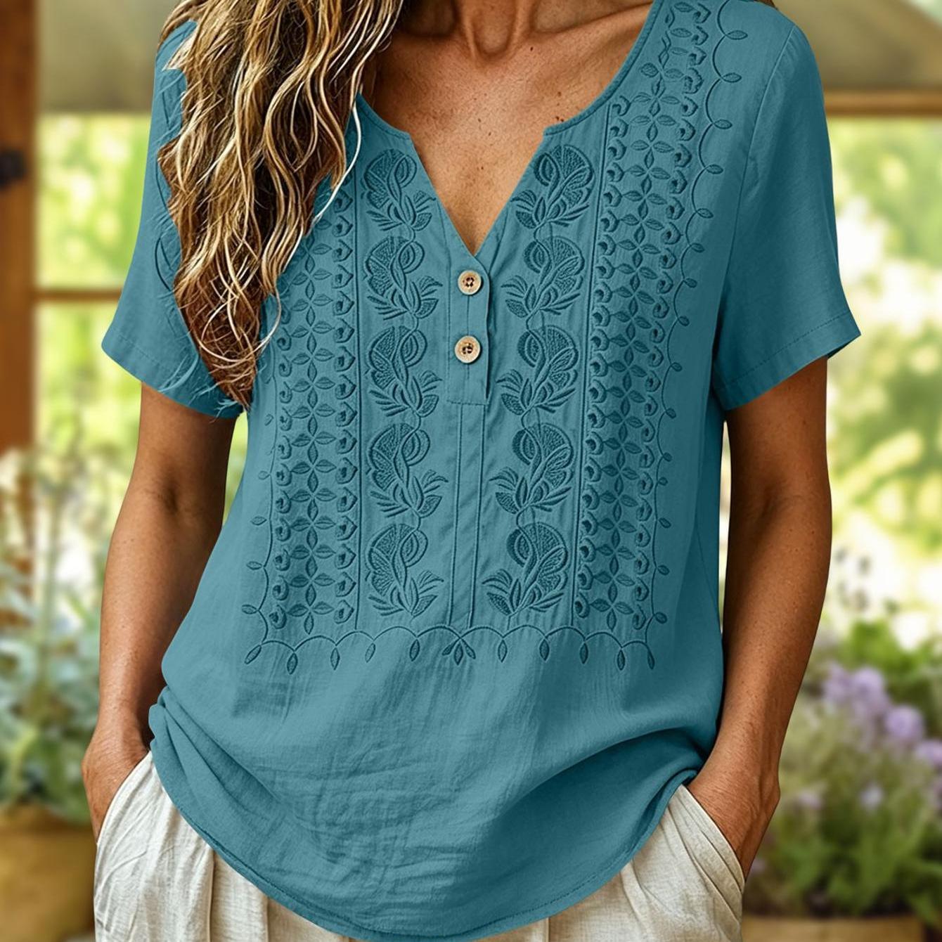 Women' Color Short-sleeved V-neck Button- Embroidered Top Comfortable, Stylish For Women Suitable For Casual Party Occasions Perfect For Summer