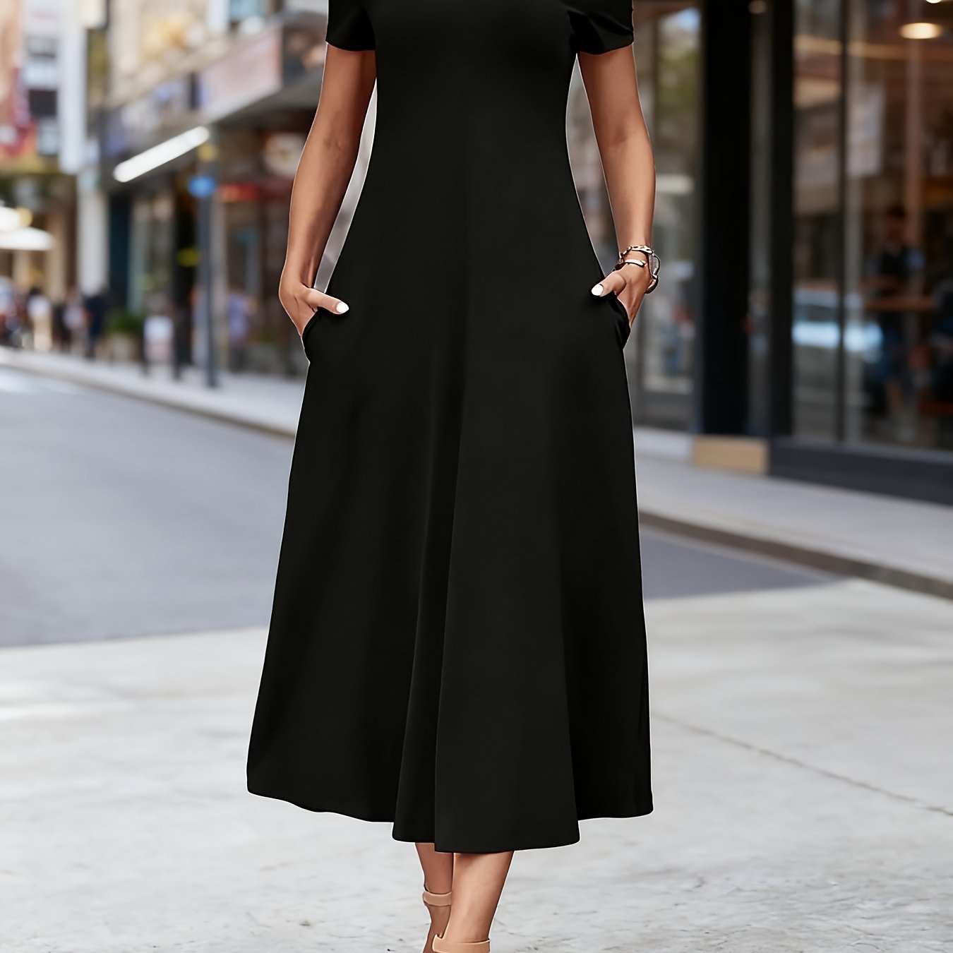 TEMU Casual Elegant Fashionable Mid-length Dress, Round Neck Short Sleeve A-line Silhouette Spring Summer Autumn