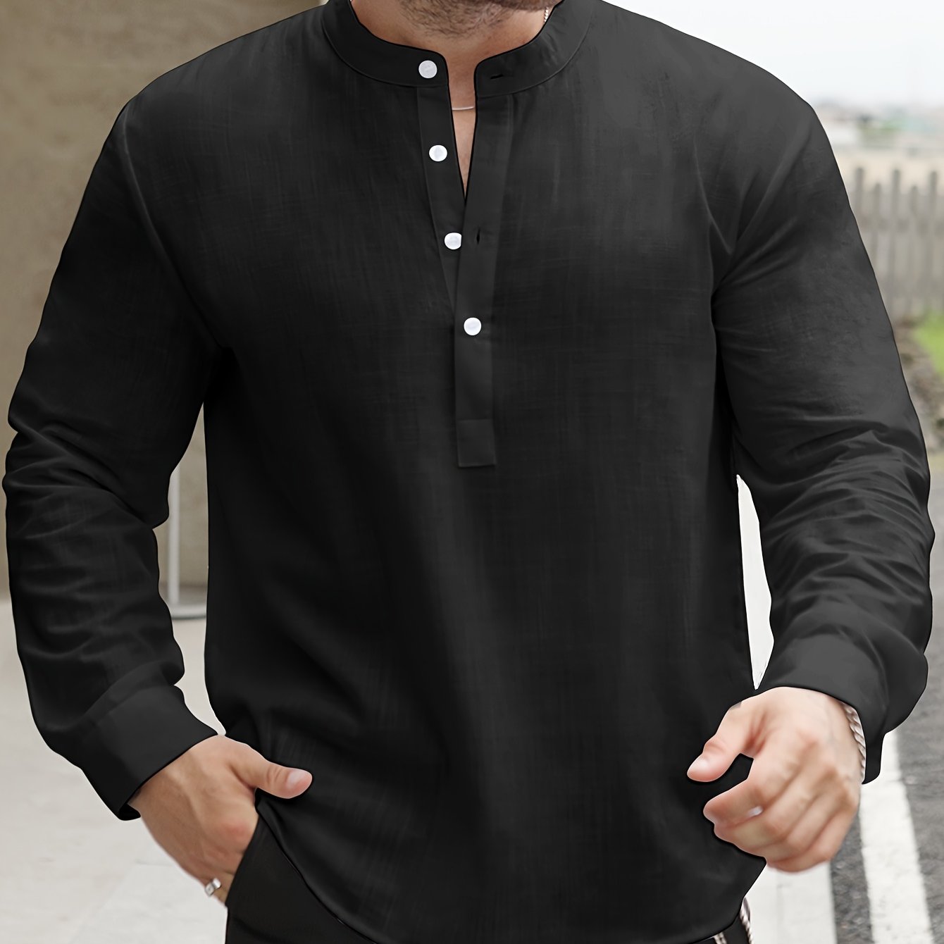 Image of Men's Lightweight Casual Henley Shirt, Spring/summer Solid Color Versatile Vintage Stand Collar Henley Shirt, Vacation Top, Casual Wear, Plus Size
