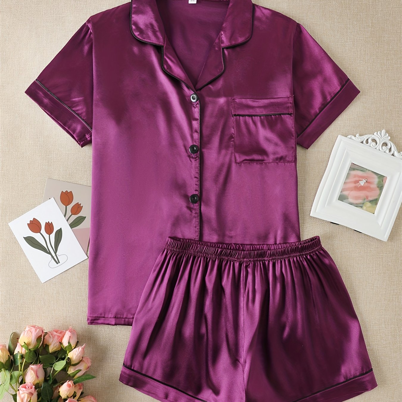 TEMU Simple Solid Satin Lounge Set, Short Sleeve Button Up Lapel Collar Top & Shorts, Women's Loungewear